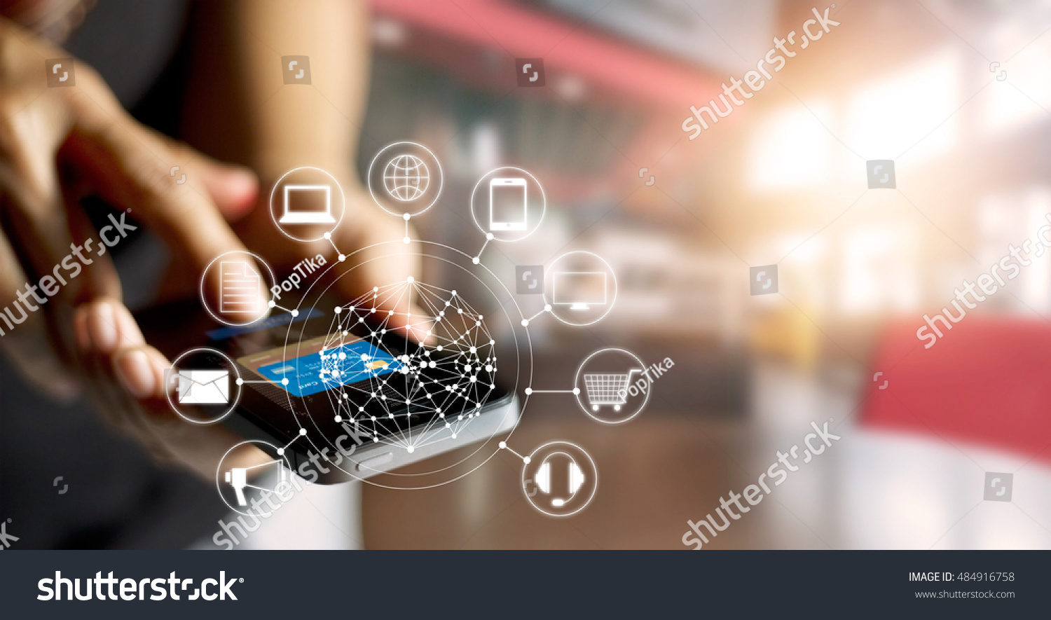 Man using mobile payments online shopping and icon customer network connection on screen, m-banking and omni channel  #484916758
