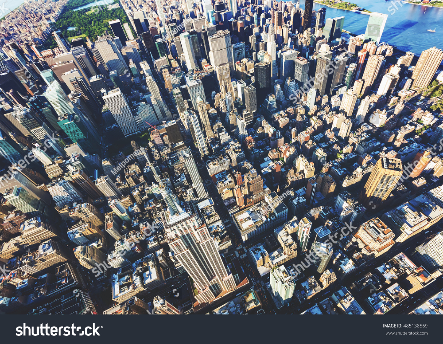 Aerial view of the skyscrapers of Midtown Manhattan New York City #485138569