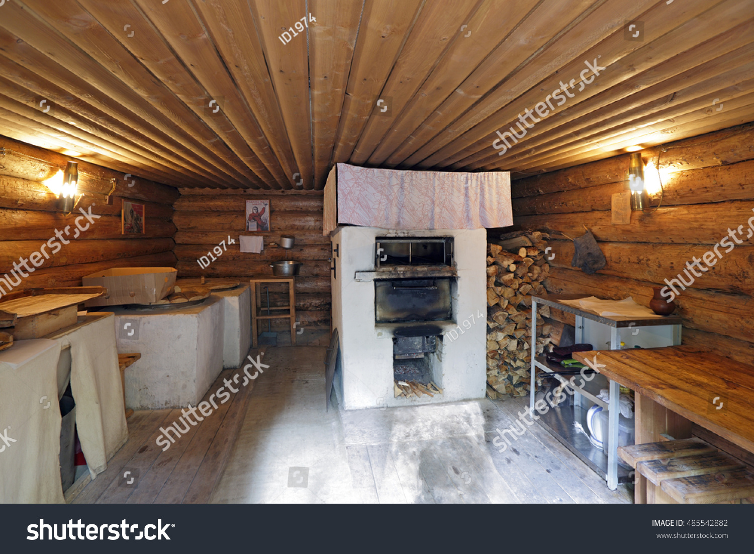 KUBINKA, MOSCOW OBLAST, RUSSIA - JUL 04, 2016: Military-patriotic park "Patriot". Reconstruction of a partisan village of the WWII - Bakery (dugout) #485542882