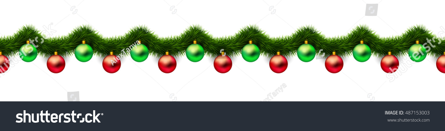 Vintage 3D abstract vector christmas decoration isolated on white background. Red and green xmas holiday ornaments and green tinsel isolated on white. Winter holiday repeating border, seamless pattern #487153003
