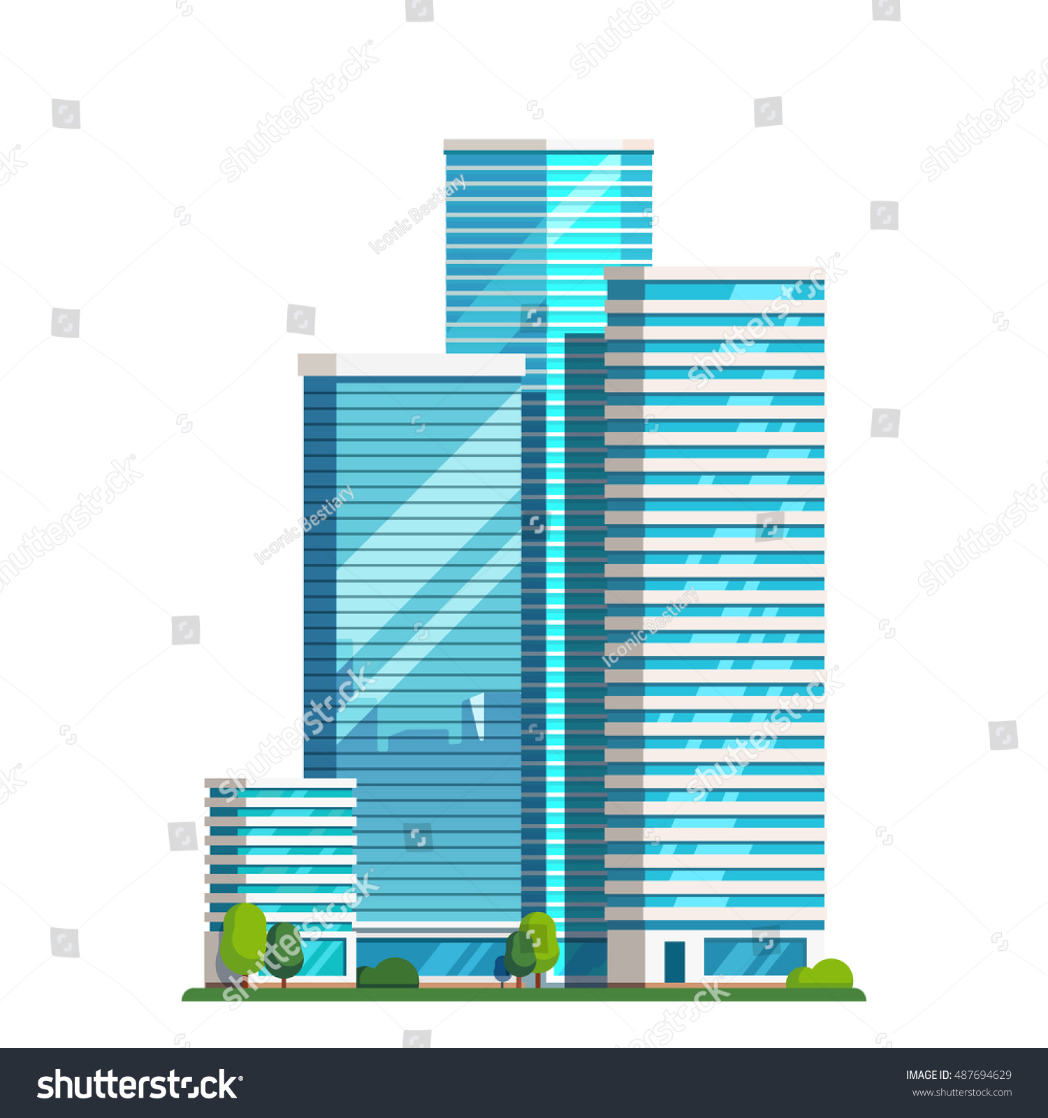 Downtown skyscrapers with skyline reflections on shiny glass facades. Modern flat style vector illustration isolated on white background. #487694629