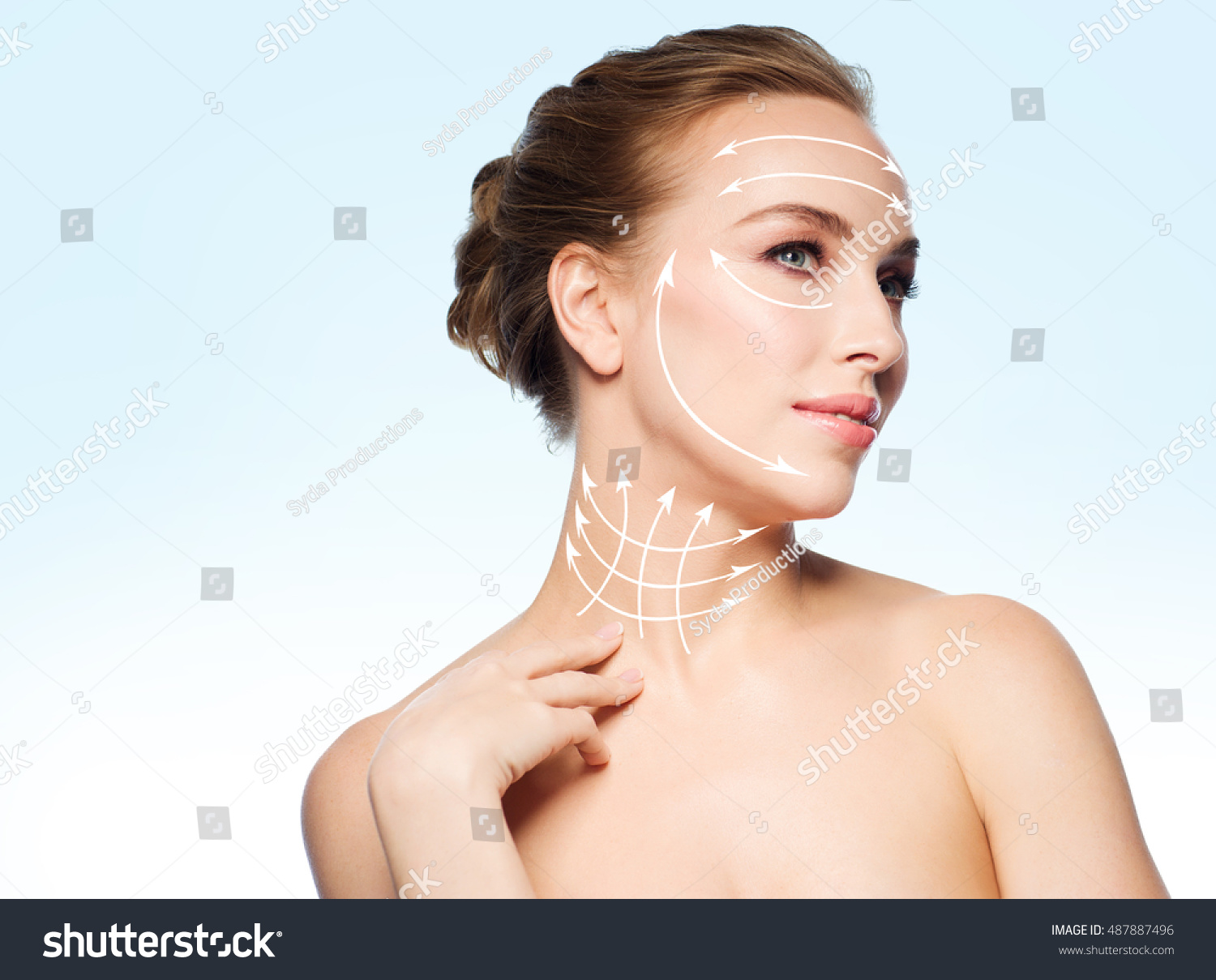 beauty, people, plastic surgery, anti-age and health concept - beautiful young woman touching her neck over blue background #487887496