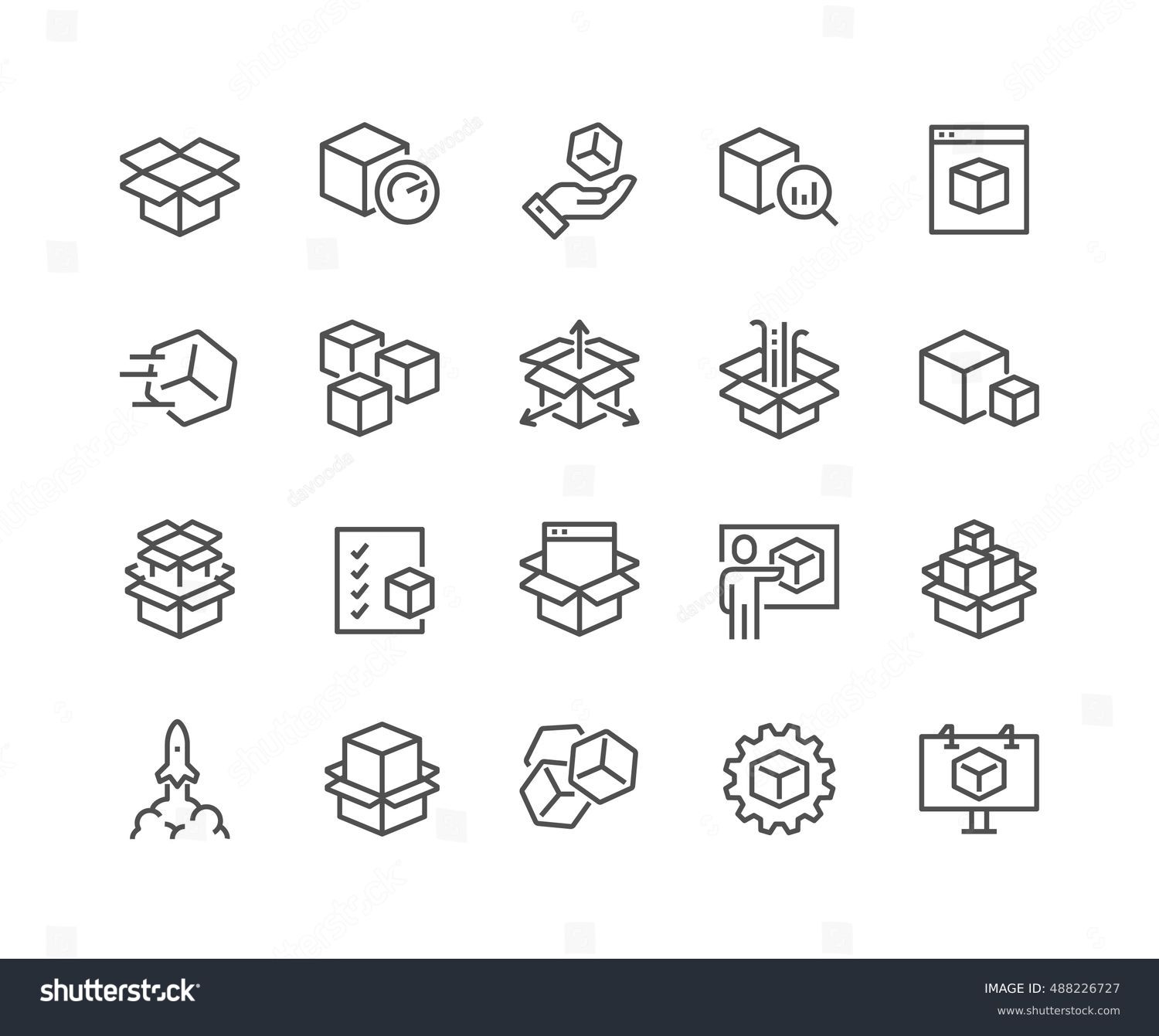 Simple Set of Abstract Product Related Vector Line Icons. 
Contains such Icons as Unit, Module, Product Release, Presentation and more.
Editable Stroke. 48x48 Pixel Perfect. #488226727