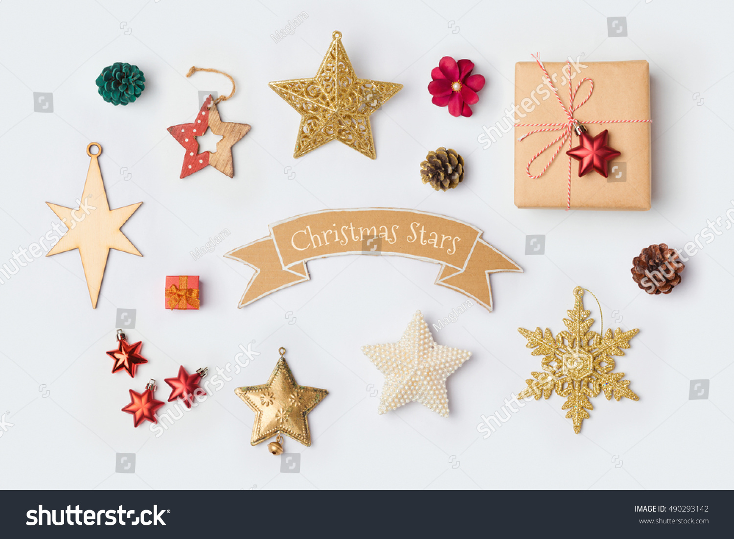 Christmas star decorations collection for mock up template design. View from above. Flat lay #490293142