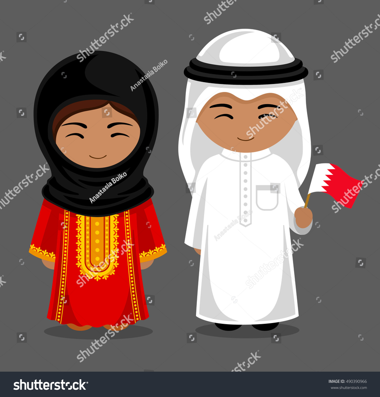 Bahrainis in national dress with a flag. Man and - Royalty Free Stock ...