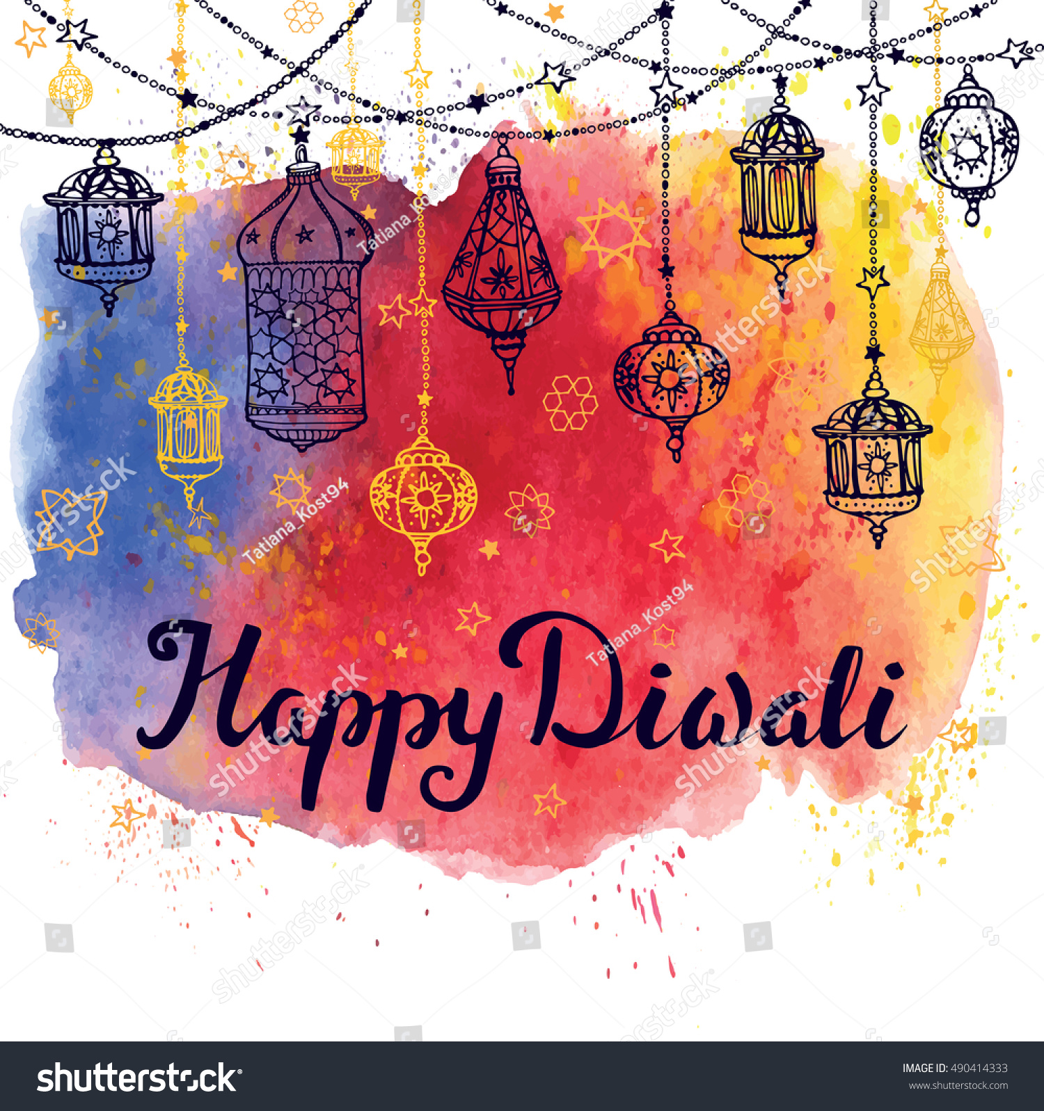 Traditional Hanging LampDoodle VectorWatercolor BackgroundGreeting CardHand Drawig DecorIndian Religion Holiday Holy Diya Shubh Deepawali
