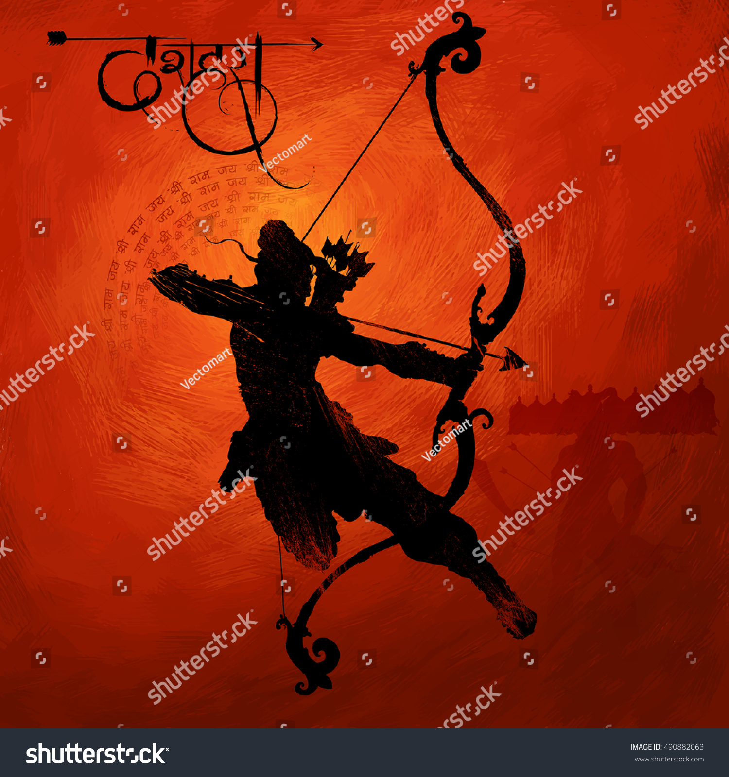 illustration of Lord Rama with arrow killing Ravana in Navratri festival of India poster with hindi text meaning Dussehra #490882063