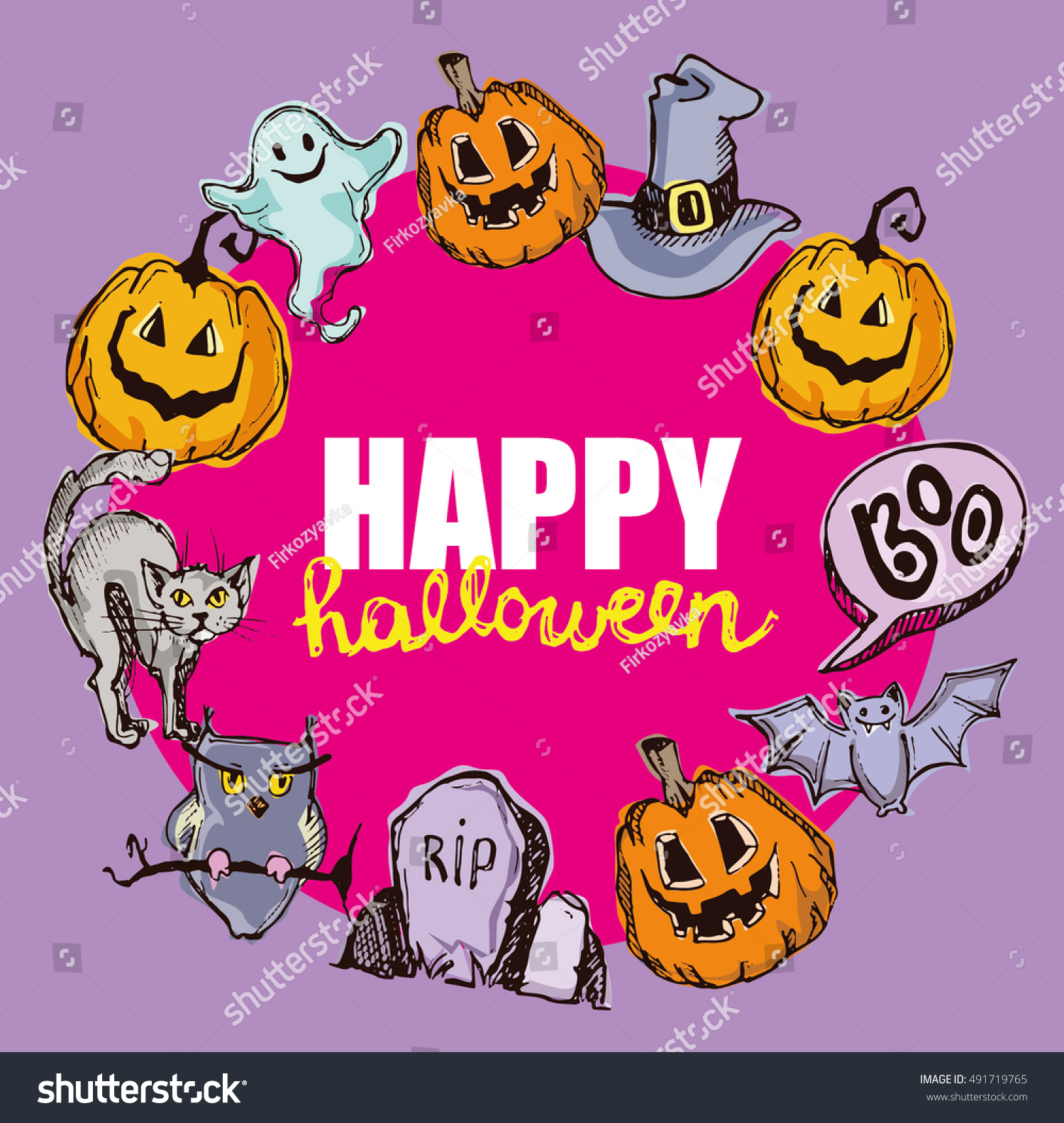 Halloween Hand Drawn Characters And Attributes Royalty Free Stock Vector 491719765 