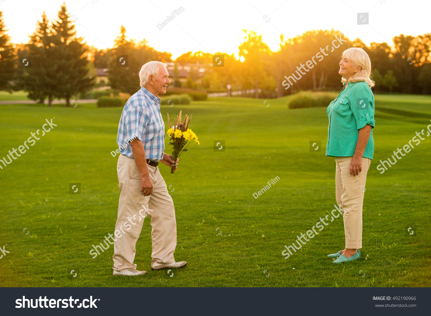 Senior man with a bouquet. Couple on a meadow. Let me congratulate you. Fifty years together. #492190966