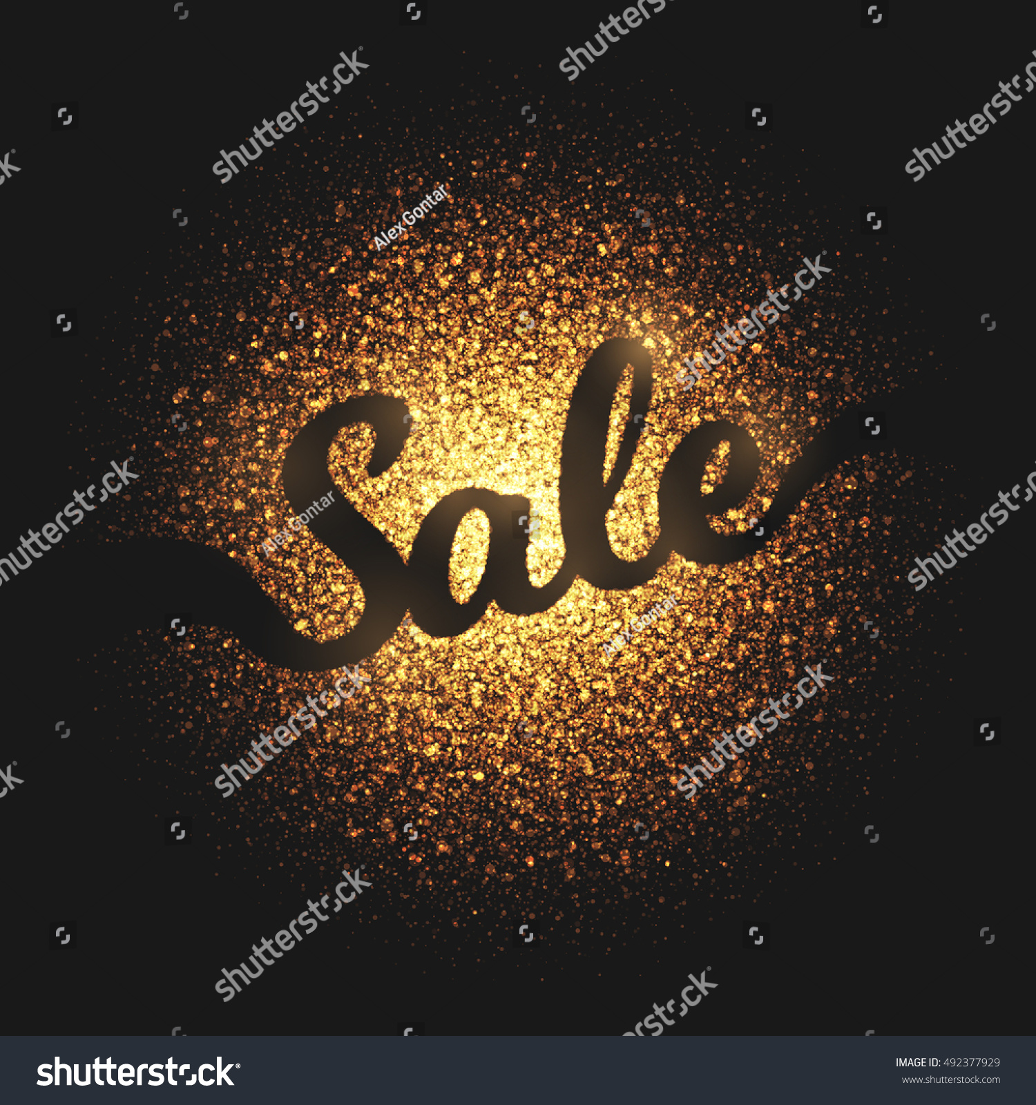 Sale bright golden shimmer glowing round particles vector background. Scatter shine tinsel light explosion effect. Burning sparks wallpaper. Lettering and calligraphy artwork illustration #492377929
