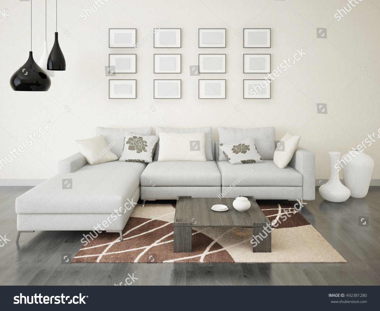 Modern stylish living room with a corner sofa, 3d rendering. #492381280