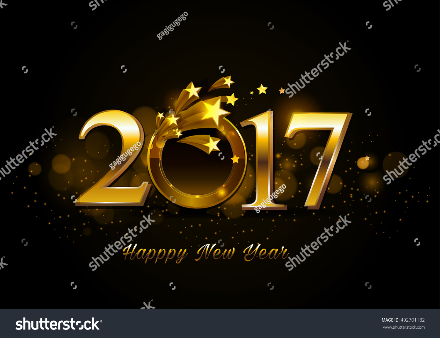Happy New Year 2017 celebrations greeting card design with golden ring and star background. #492701182