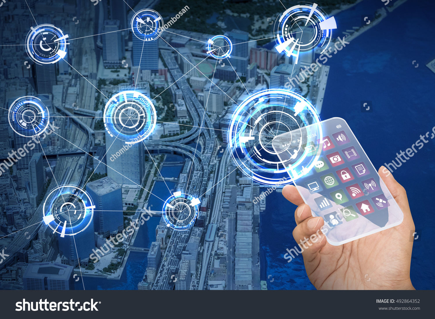 futuristic smart phone and wireless communication network, smart city, Internet of Things, abstract image visual #492864352