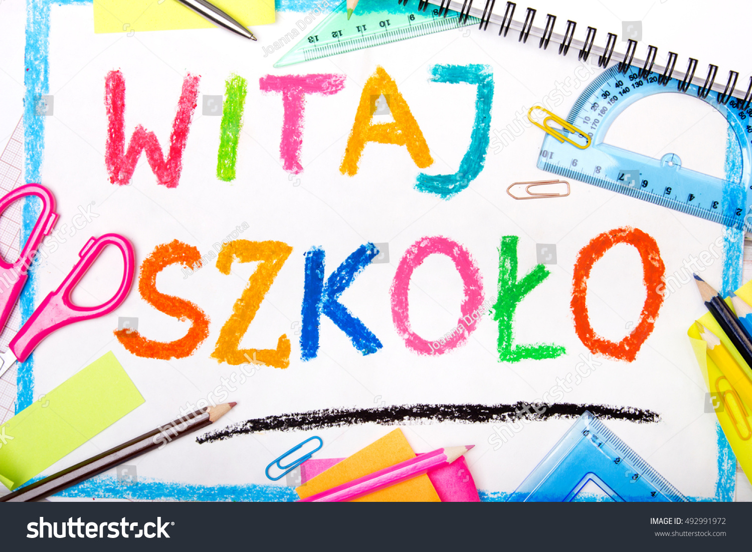 Colorful drawing of the Polish words Welcome back to school and school accessories #492991972