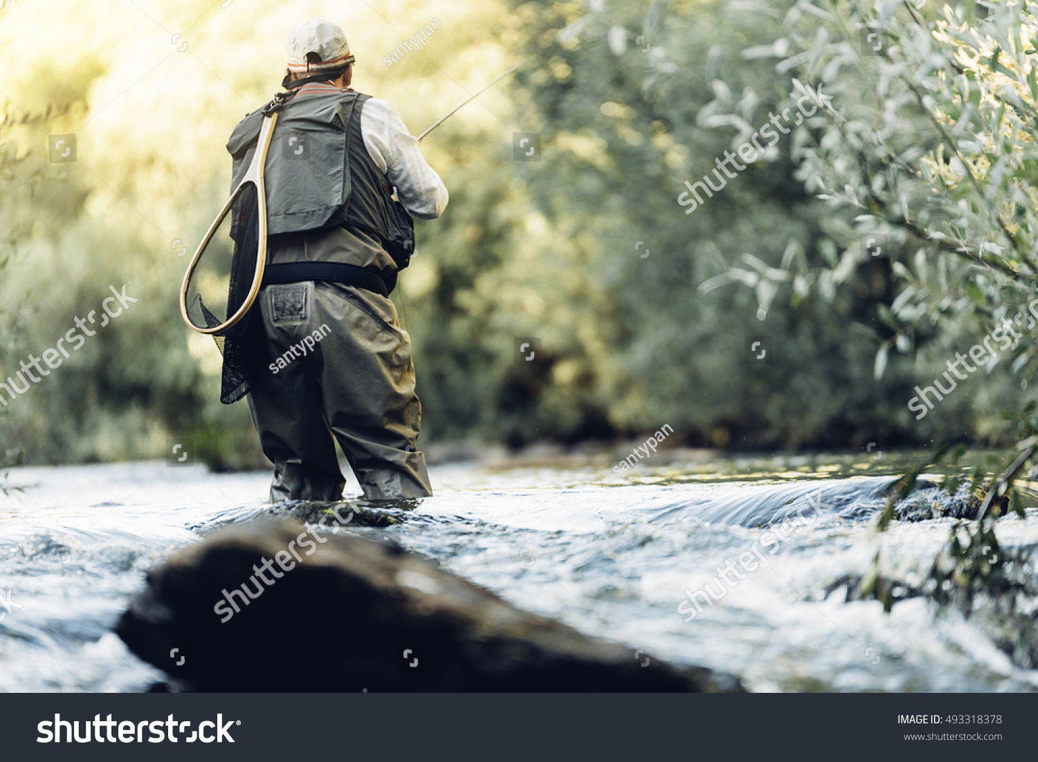 Fly fisherman using flyfishing rod in beautiful river. #493318378