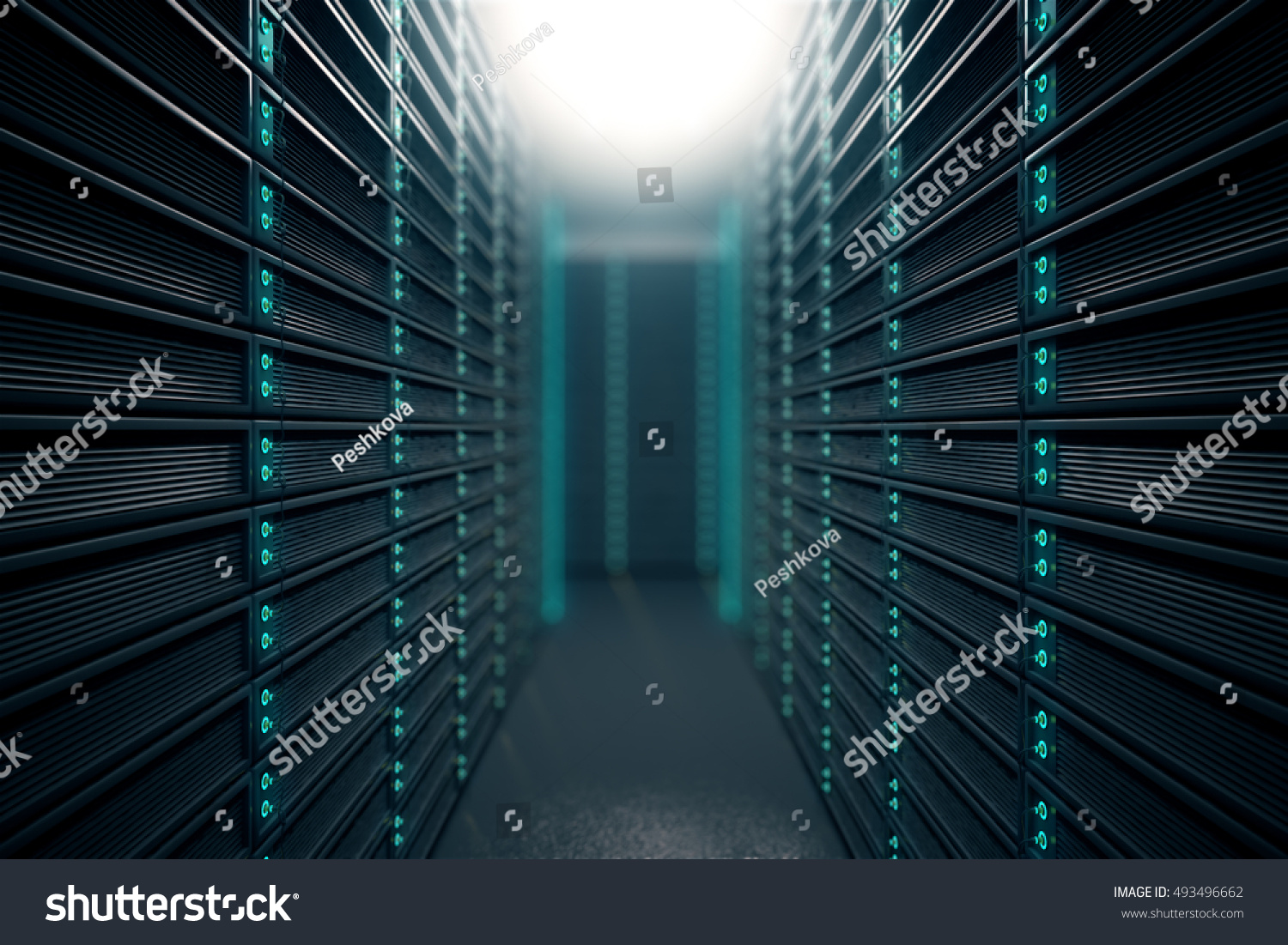 Front view of server room. Networking communication technology concept. 3D rendering #493496662
