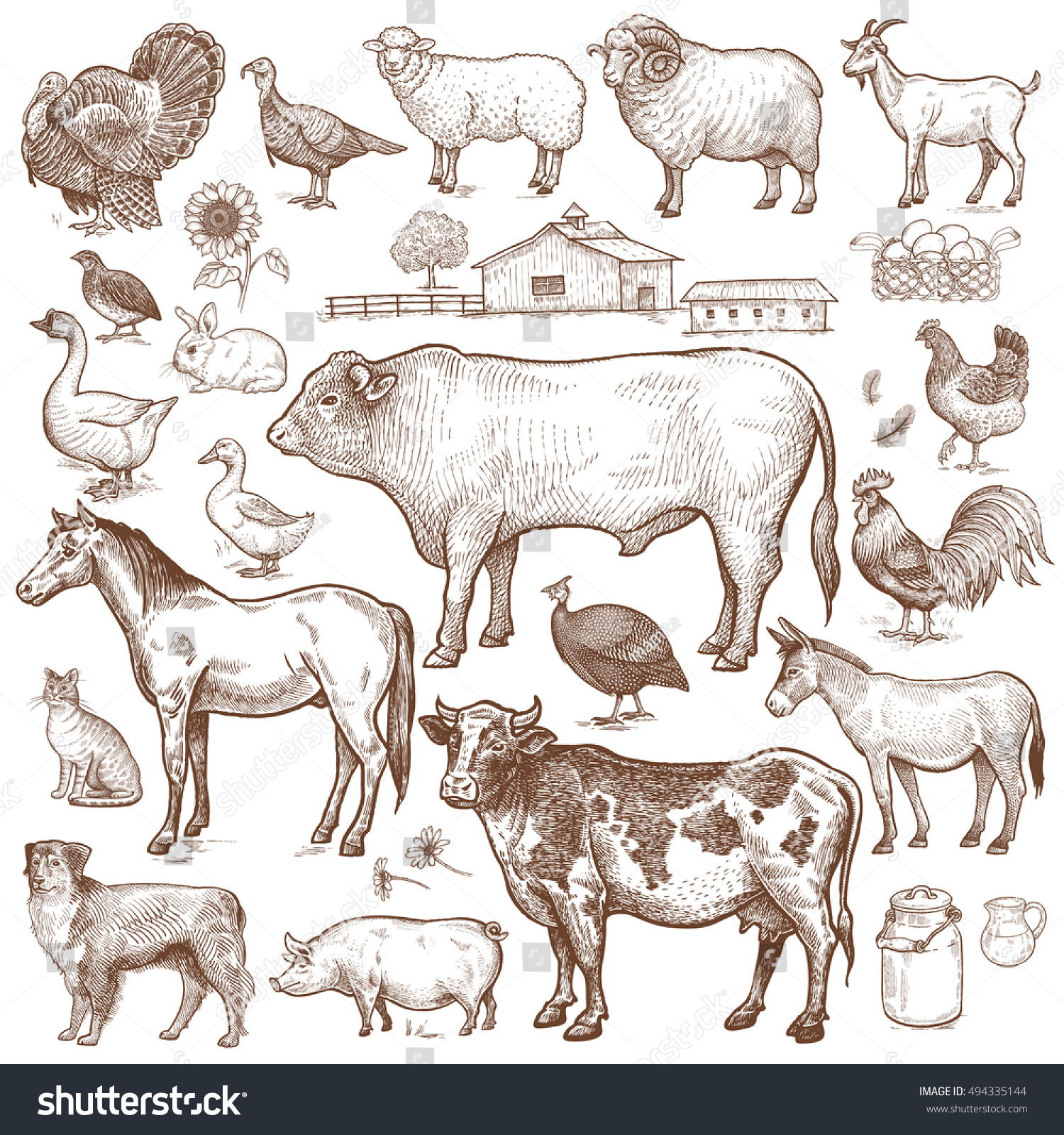 Vector large set  farm theme. Animals cattle, poultry, pets, landscape. Objects of nature isolated on white background. Drawings for text illustration, decoupage, design covers, signage, posters. #494335144