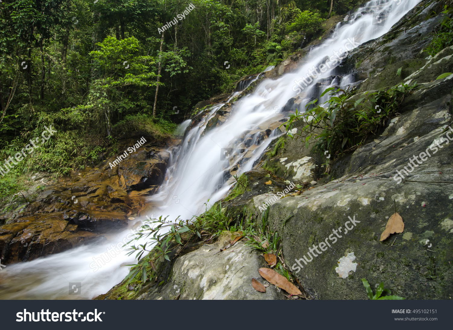 beautiful in nature, amazing cascading tropical waterfall. wet and mossy rock, surrounded by green rain forest #495102151