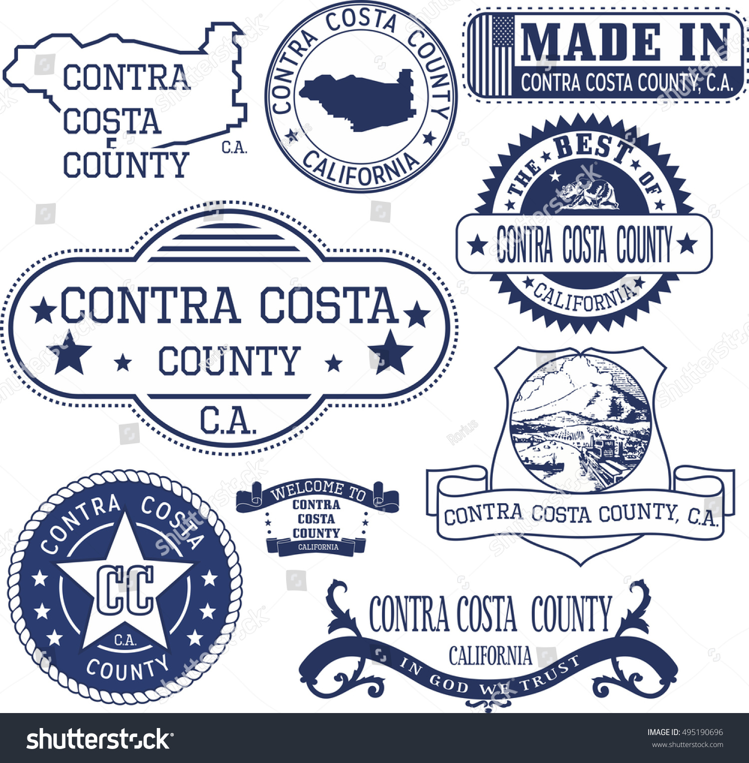 Contra Costa county, California. Set of generic stamps and signs including Contra Costa county map and seal elements. #495190696