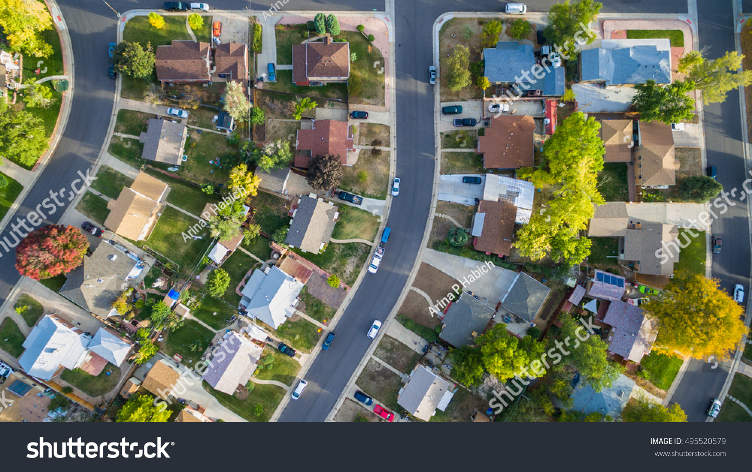 Aerial view of residential neighborhood in the Autumn. #495520579