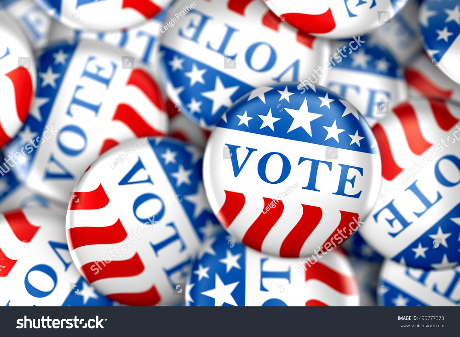 Vote buttons in red, white, and blue with stars - 3d rendering #495777373