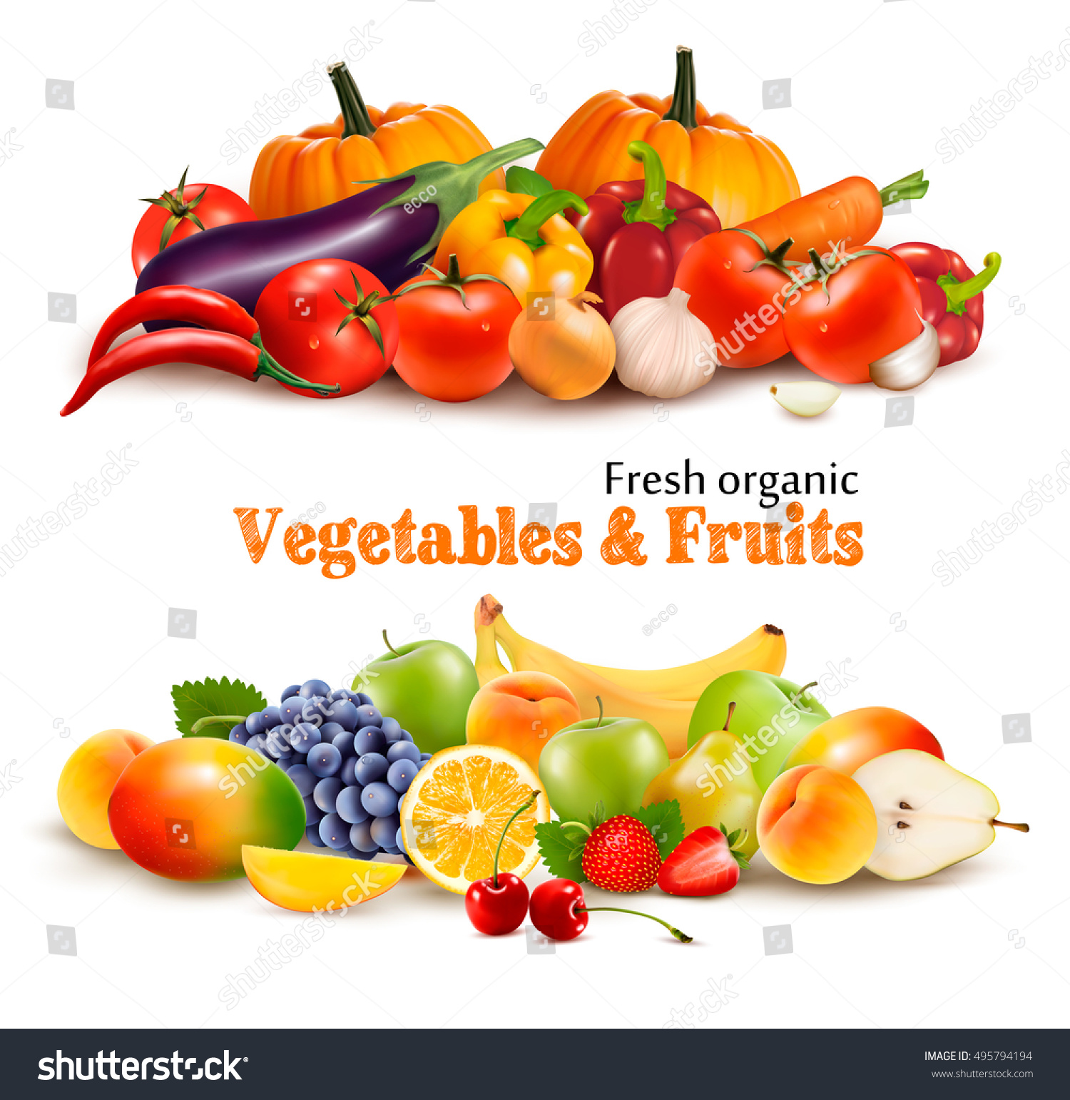 Background With Organic Fresh Vegetables. and Fruits Healthy Food. Vector illustration #495794194