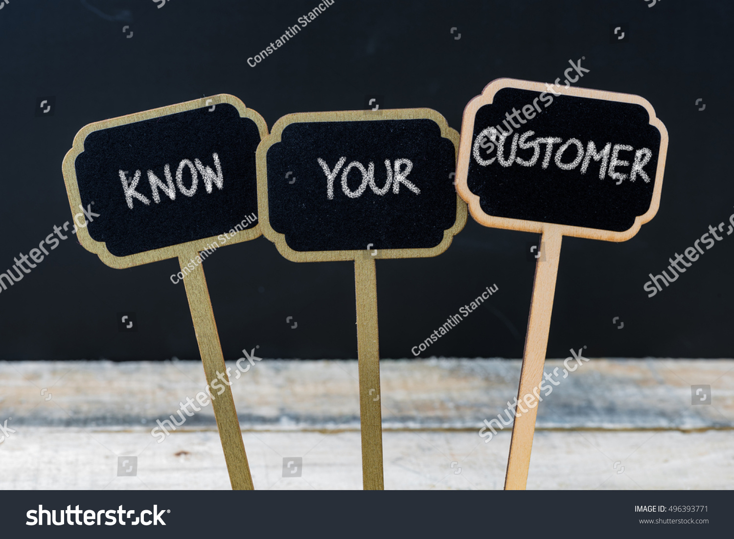Business message KNOW YOUR CUSTOMER written with chalk on wooden mini blackboard labels, defocused chalkboard and wood table in background #496393771