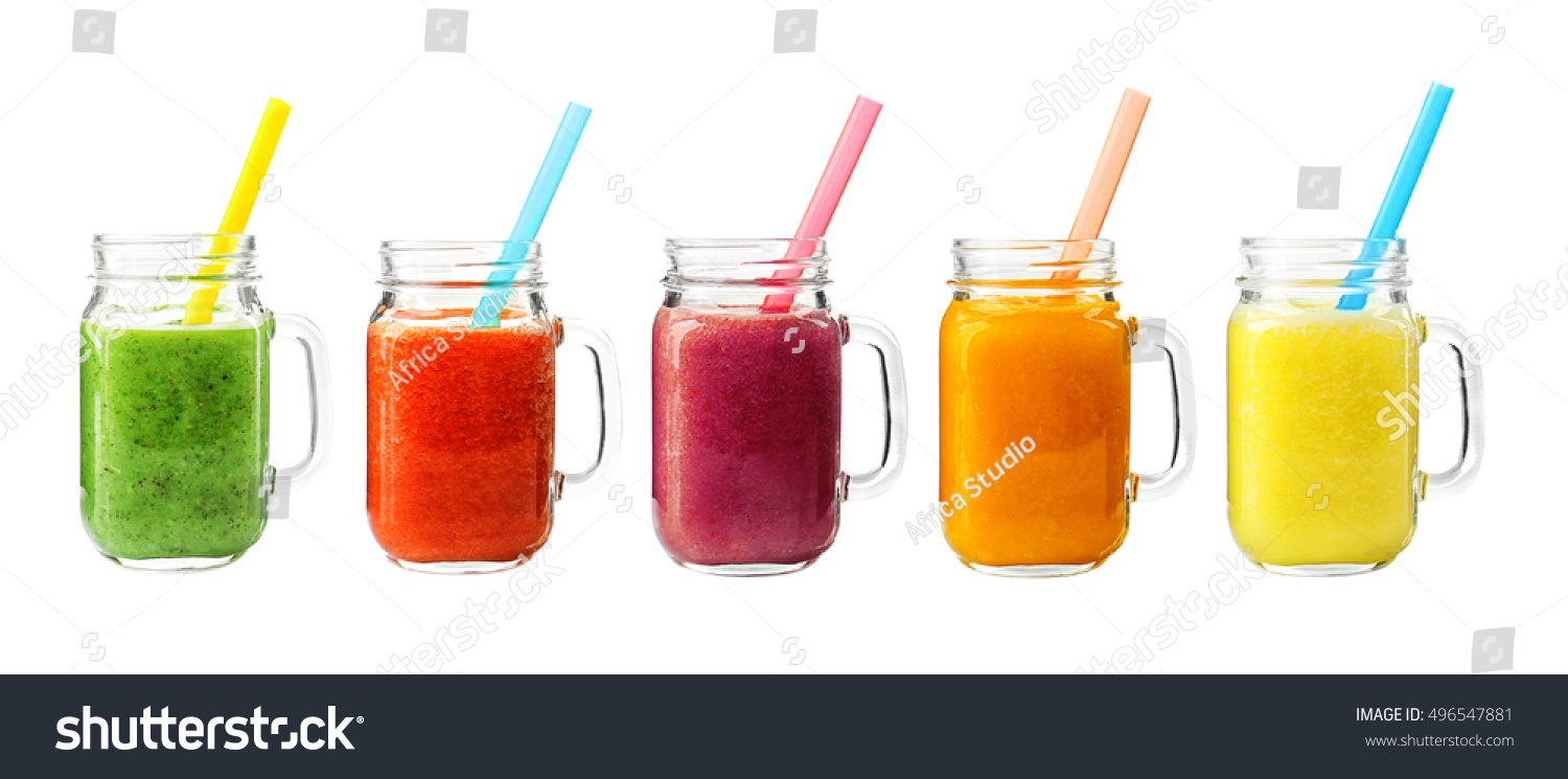 Collage of glass jars with fresh delicious smoothie and straw on white background #496547881