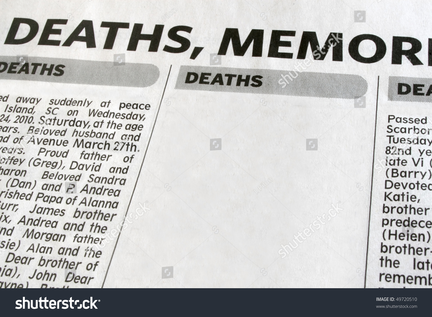 Newspaper advertisement displaying obituaries. #49720510