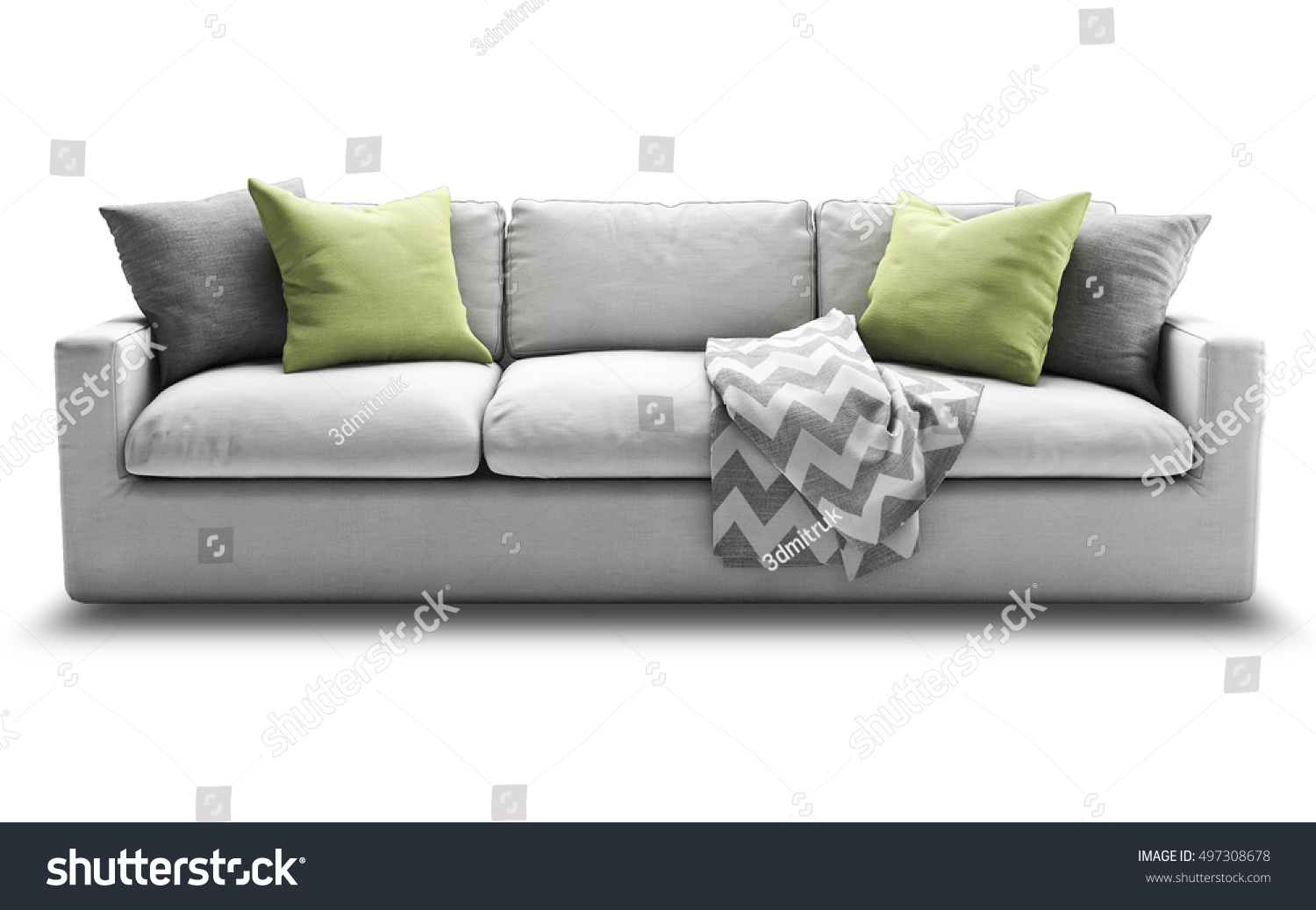 Light gray fabric three-seat modern sofa with gray and green pillows and plaid #497308678