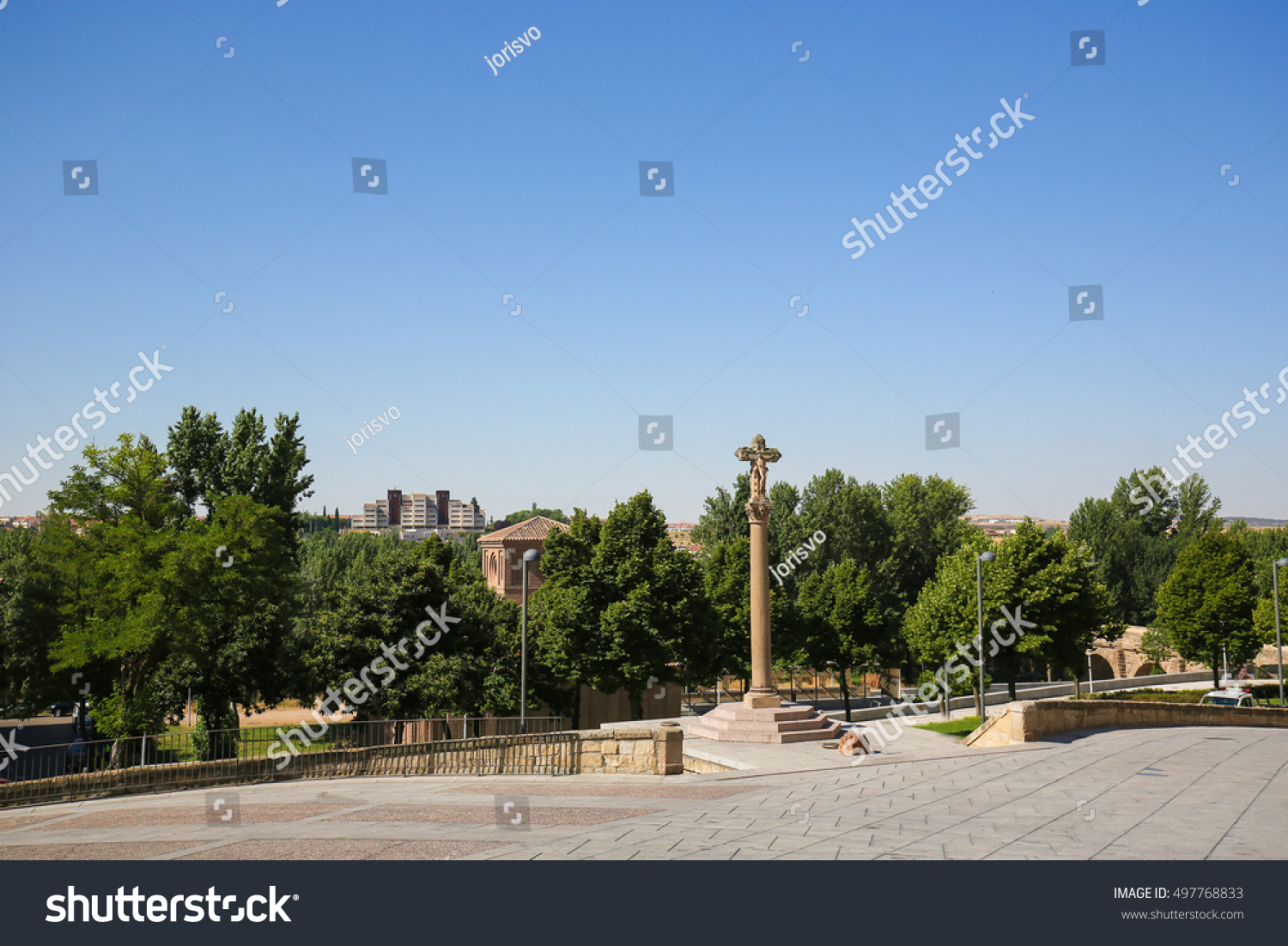 SALAMANCA, SPAIN - AUGUST 3, 2016: View on the medieval Crucero of the Puerta del Rio in the historic center of Salamanca, Spain #497768833