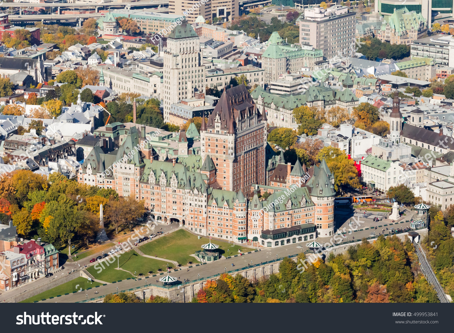 Aerial city view of the Old Quebec district and famed chateau Frontenac, a popular tourist destination in Canada. #499953841