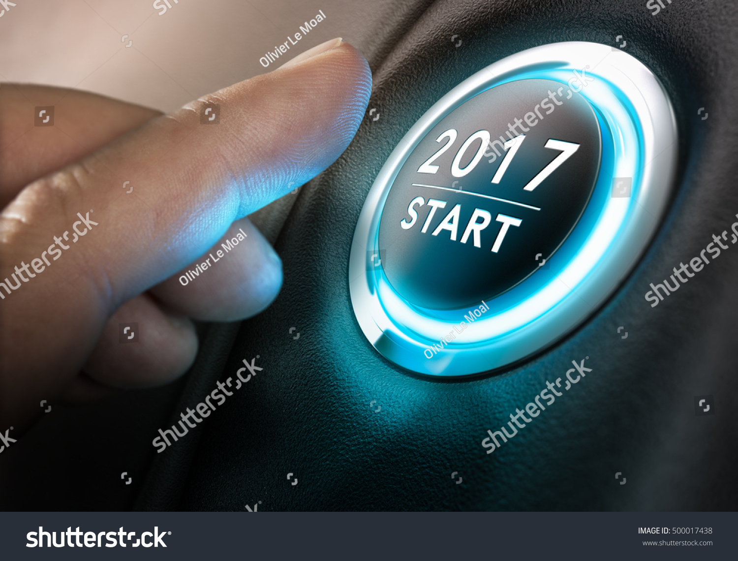 Hand about to press a 2017 button. Concept of new year, two thousand seventeen. Composite between a photography and a 3D background. Horizontal image #500017438