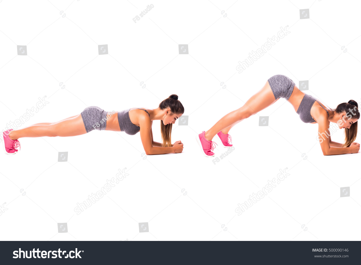 Inchworm Elbow Plank. Young woman doing sport exercise. #500090146