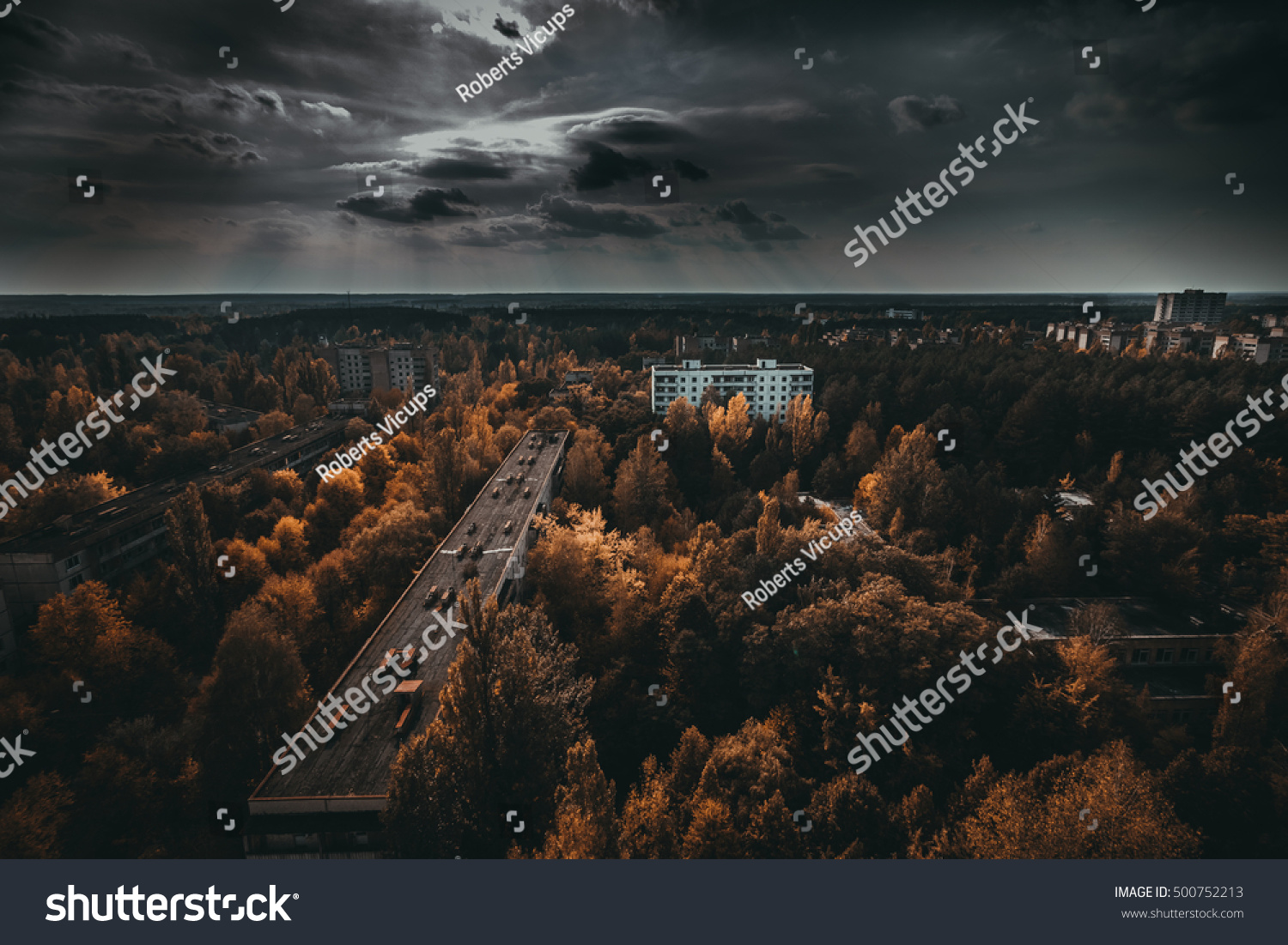 Chernobyl exclusion zone. Ruins of abandoned Pripyat city. Autumn in zone of exclusion. Zone of high radioactivity. Panoramic view of ghost town. Ruins of buildings. Chernobyl. Ukraine. #500752213