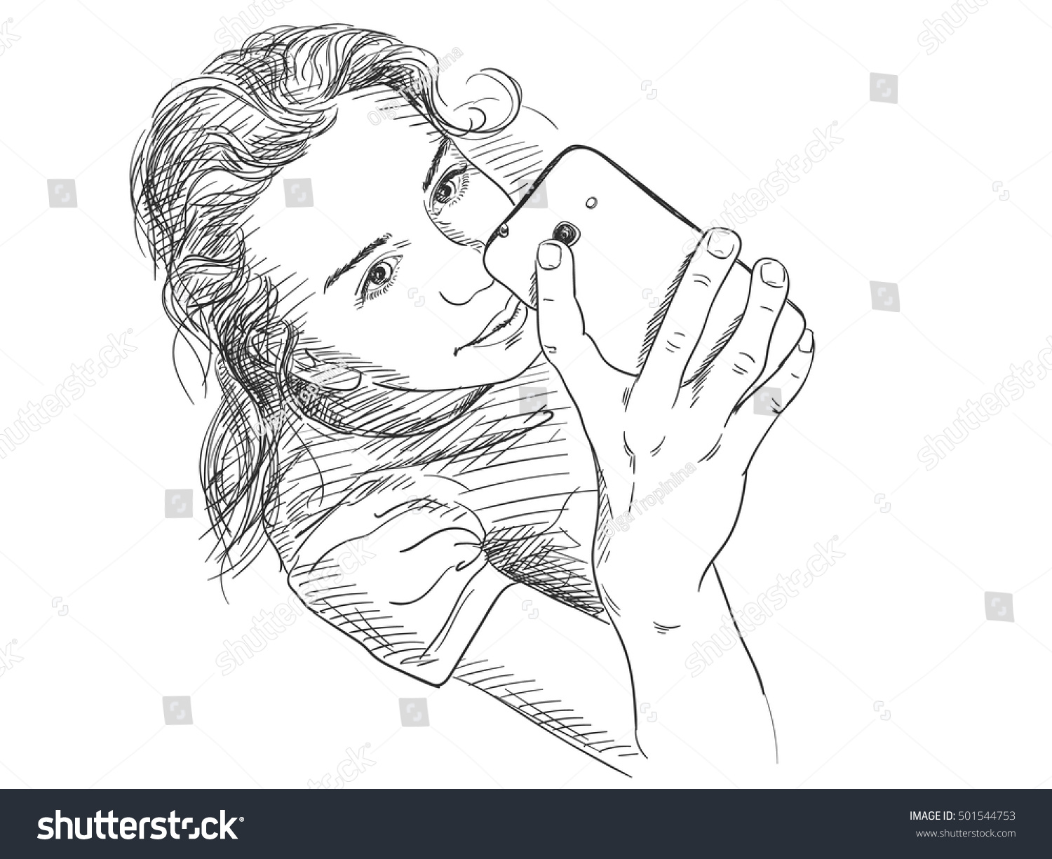 Teenage girl taking selfie, Vector sketch Hand - Royalty Free Stock ...