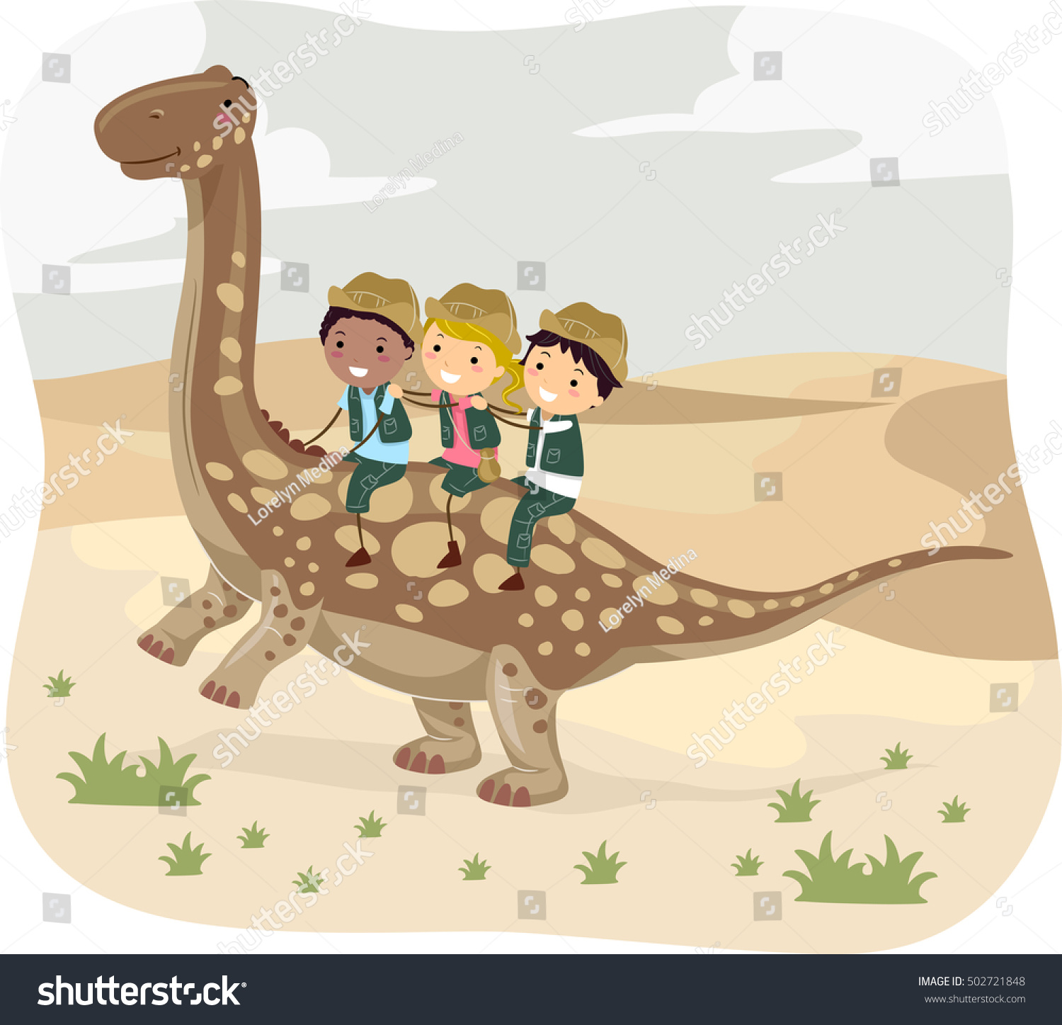 Stickman Illustration of Kids in Safari Uniform Riding an Argentinosaurus Through the Desert #502721848
