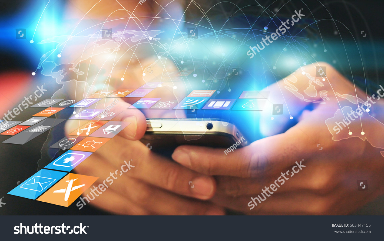 Hand touch screen smart phone.Digital technology concept,Social media,social network #503447155