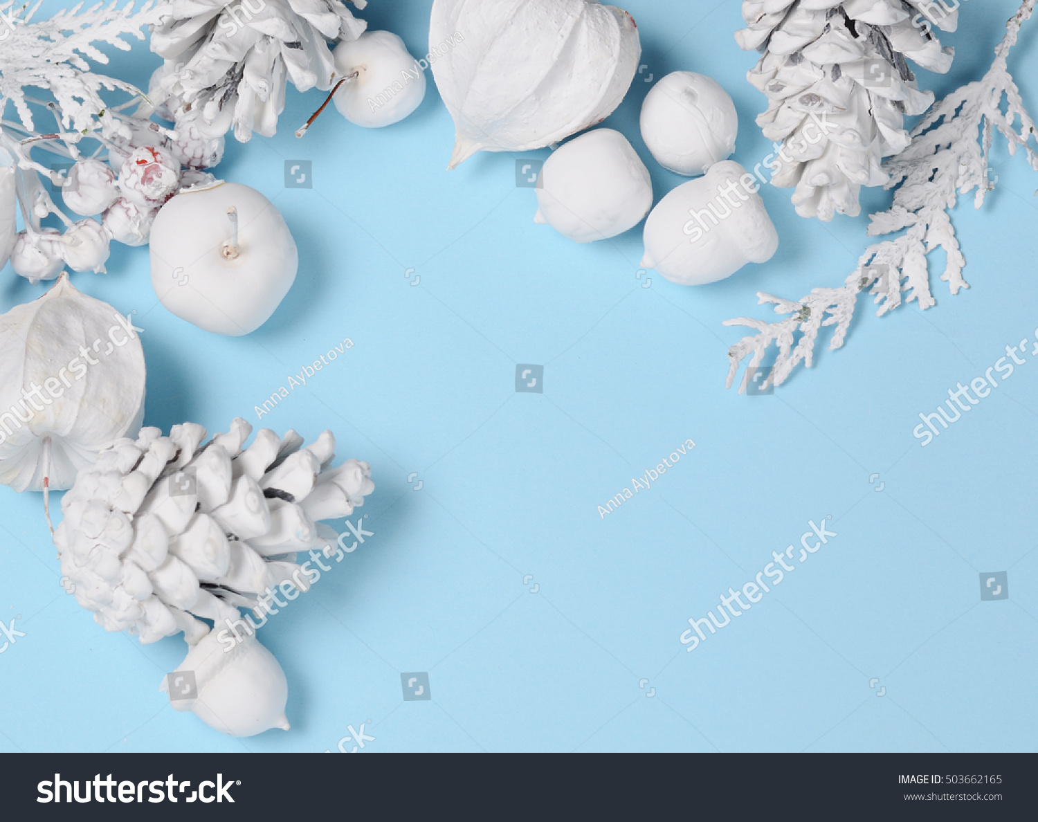 Hipster conceptual minimalist christmas and new year background. Pine cones and branches, physalis flowers. White objects on a blue background with space for greeting text #503662165
