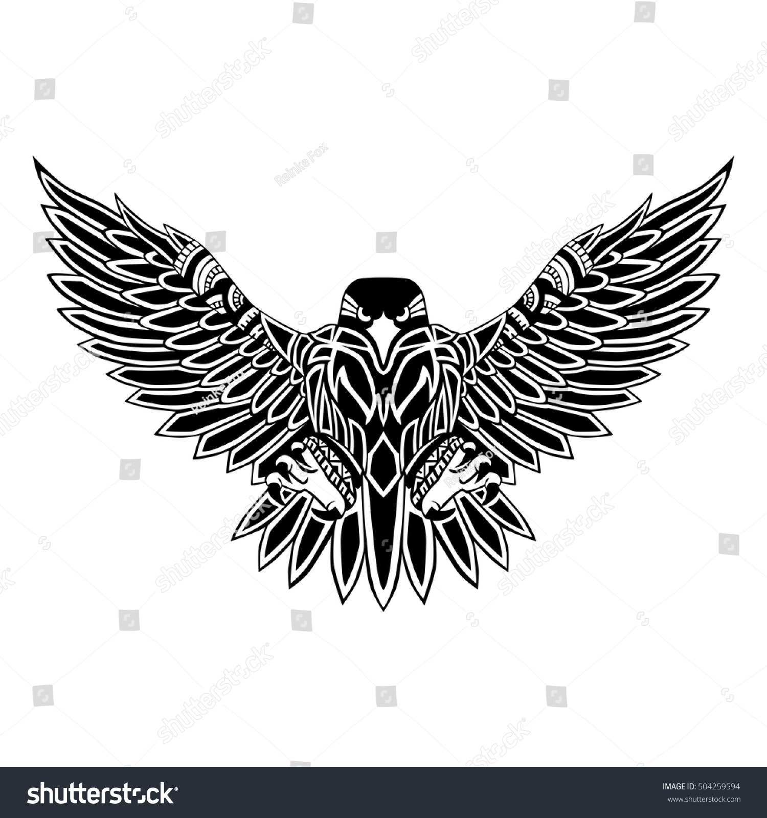 Flying eagle black silhouette with a pattern on its body hand drawing in ethnic style tattoo design stock photo