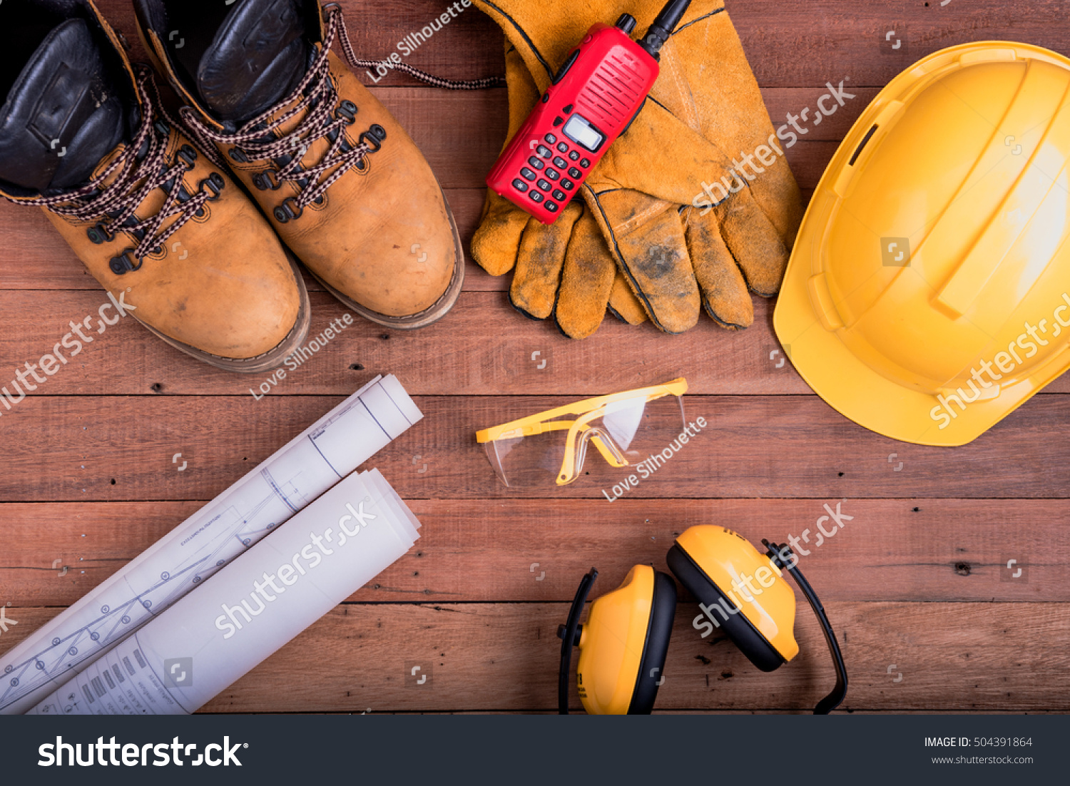 safety equipment on wooden.Industrial construction concept, tools #504391864