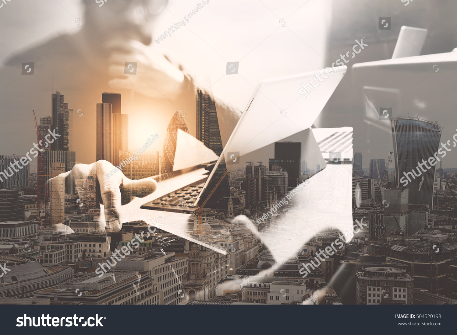 Double exposure,Business team meeting present. investor working with new start up project. Digital tablet laptop computer design smart phone using, keyboard docking screen, work from home concept. #504520198