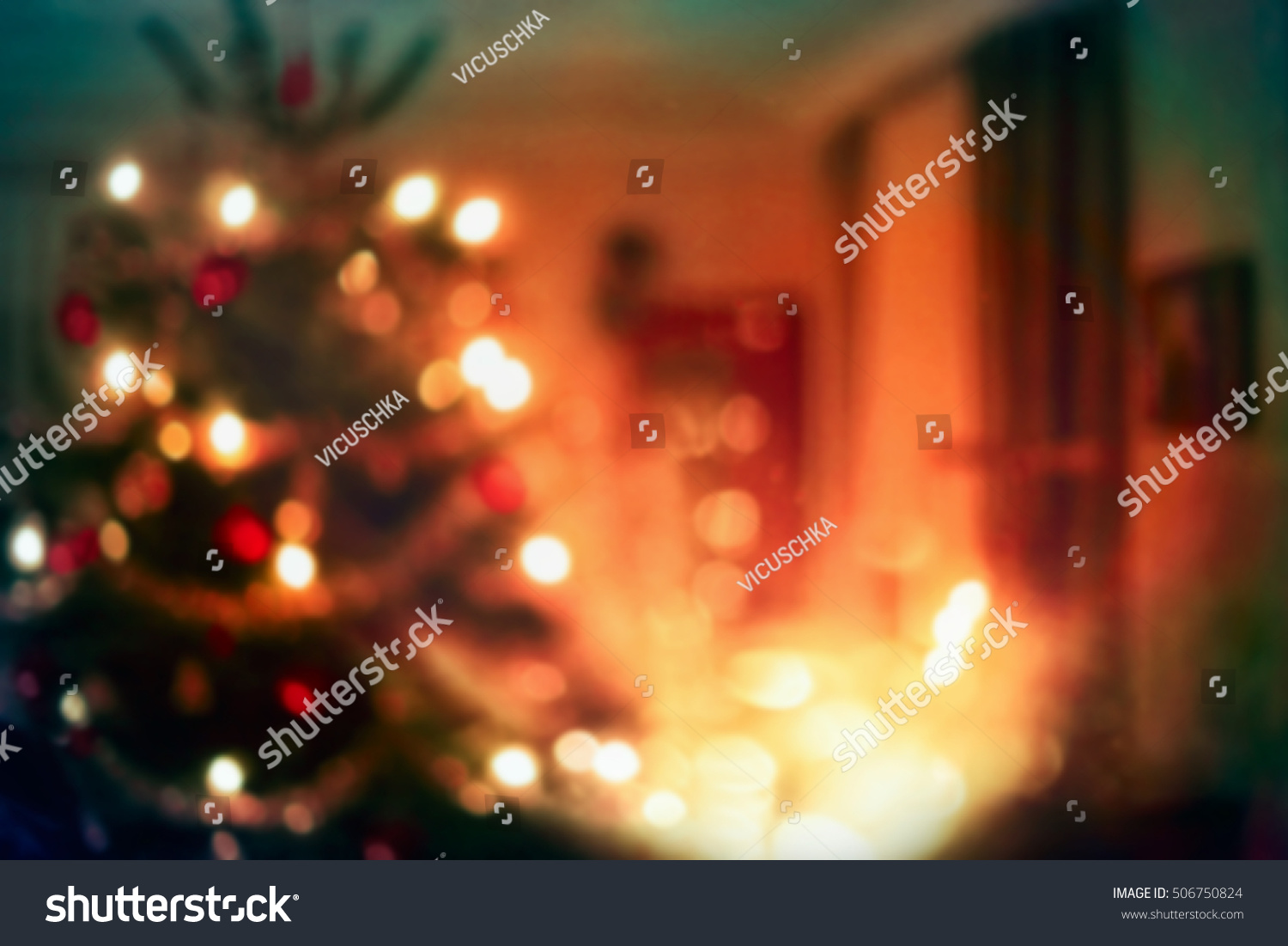 Christmas home room with tree and festive bokeh lighting, blurred holiday background #506750824