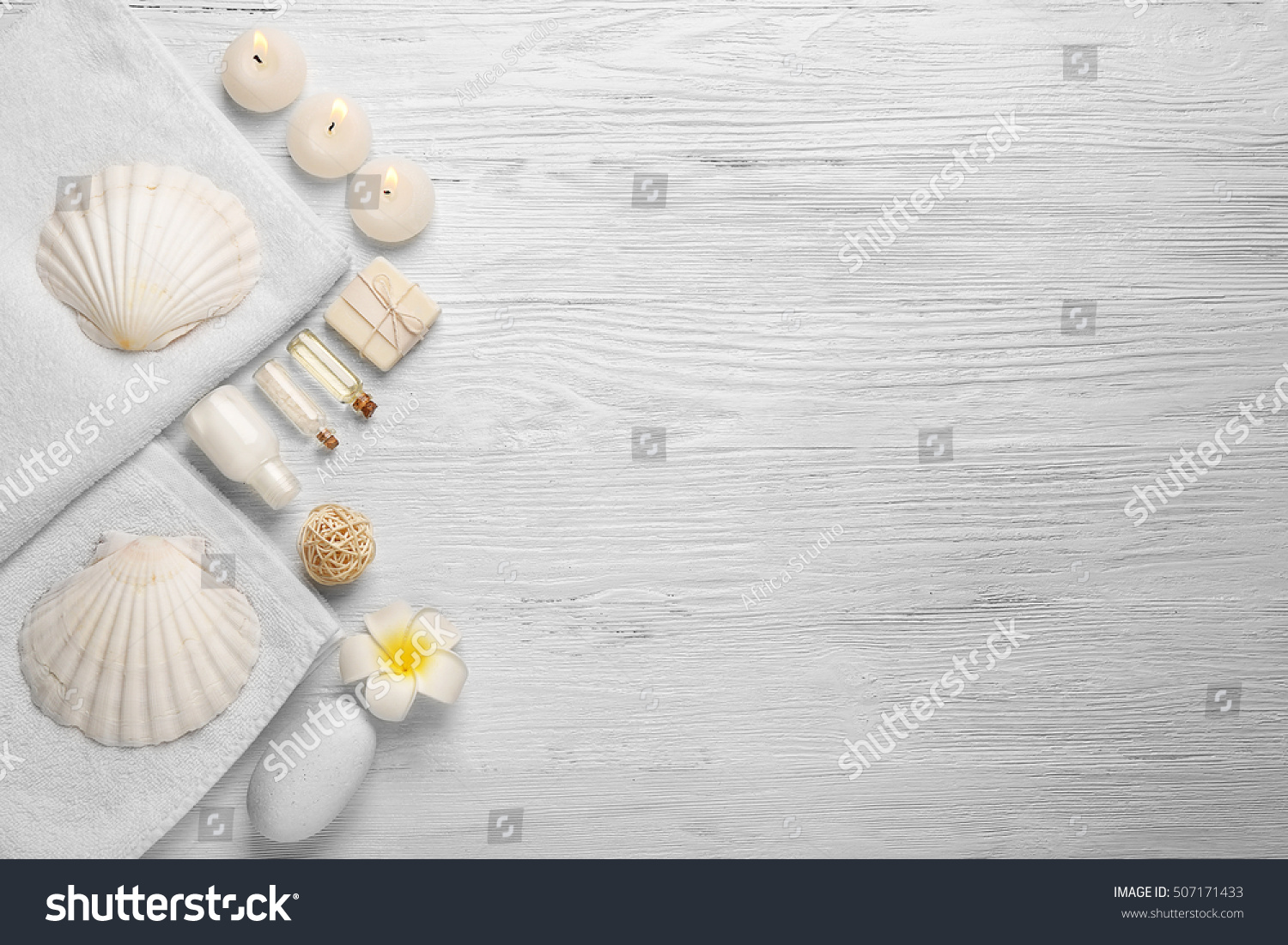 Beautiful spa composition on white wooden background #507171433