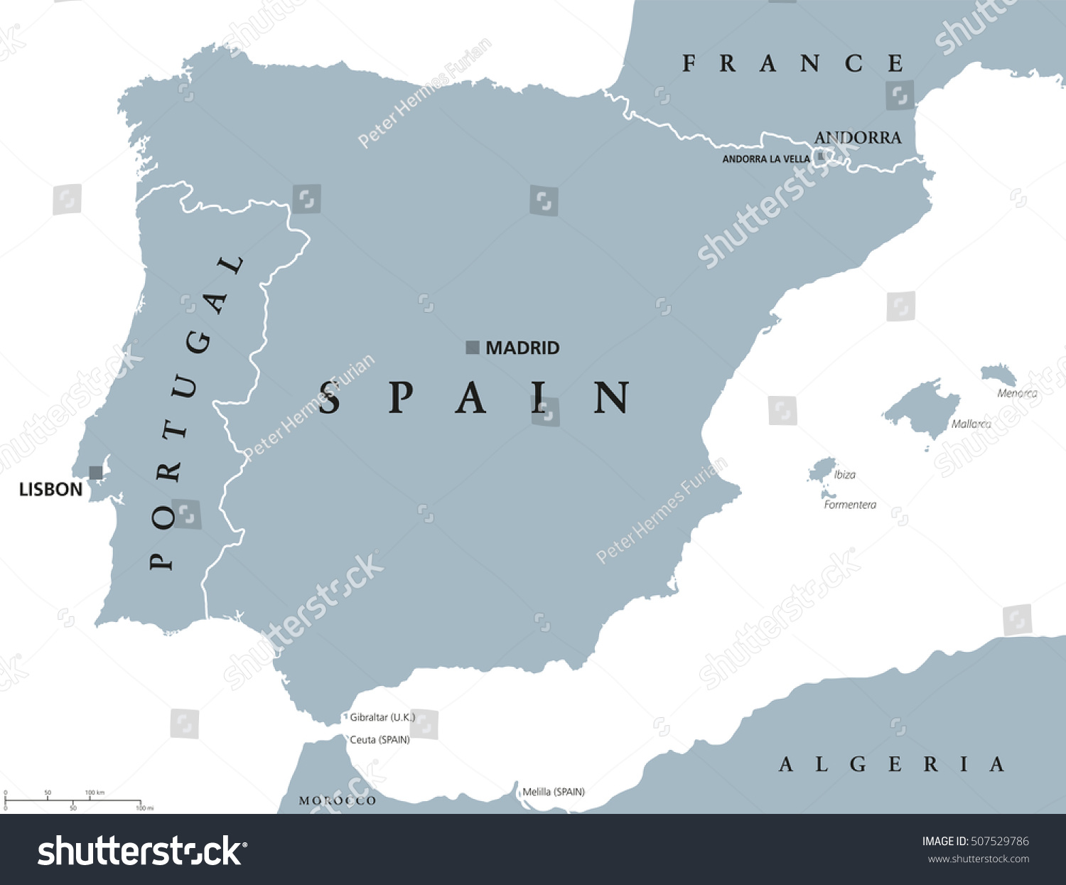 Portugal and Spain political map with capitals - Royalty Free Stock