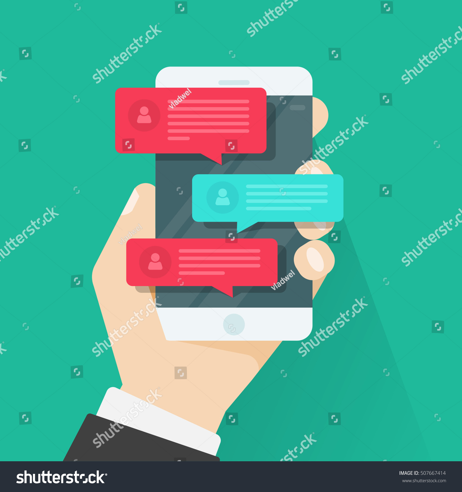Mobile phone chat message notifications vector illustration isolated on color background, hand with smartphone and chatting bubble speeches, concept of online talking, speak, conversation, dialog #507667414