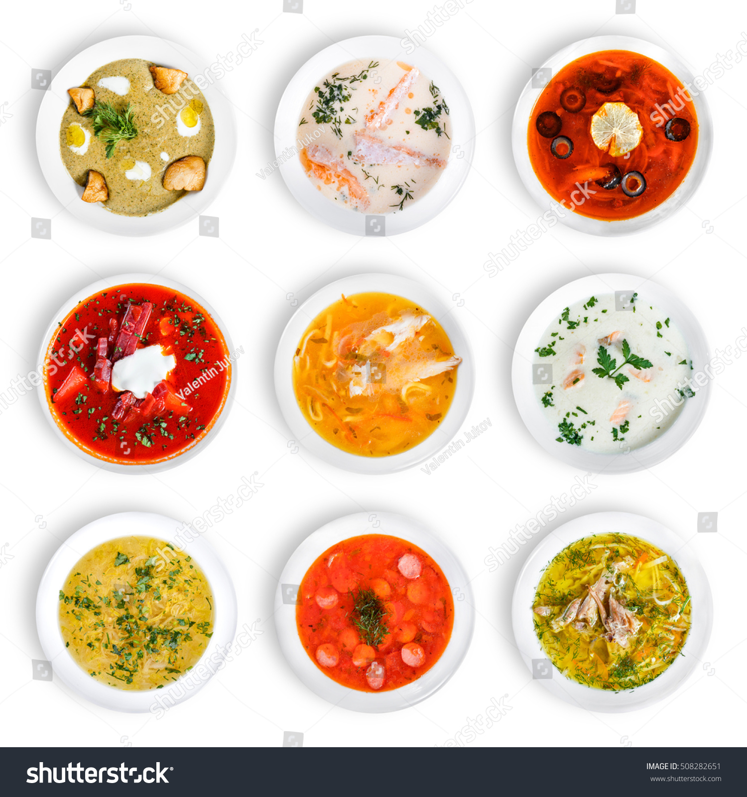 Big set of soups from worldwide cuisines, healthy food. Cream soup with mushrooms, asian fish soup, soup with meat - solyanka, russian borscht, chicken soup, isolated on white. Top view, flat lay #508282651