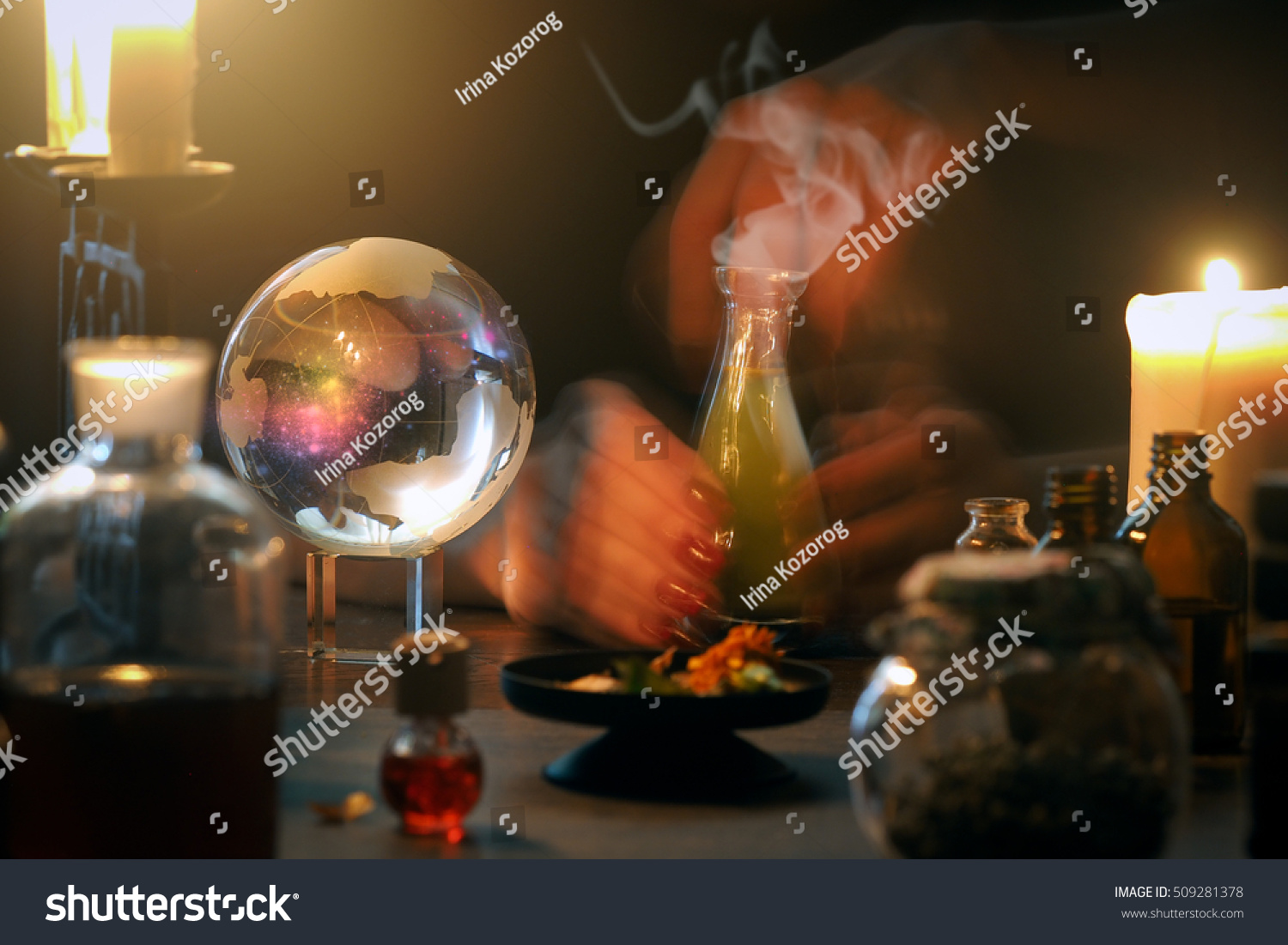 Witch at work, mystical atmosphere, a lot of magic items, magic ball #509281378