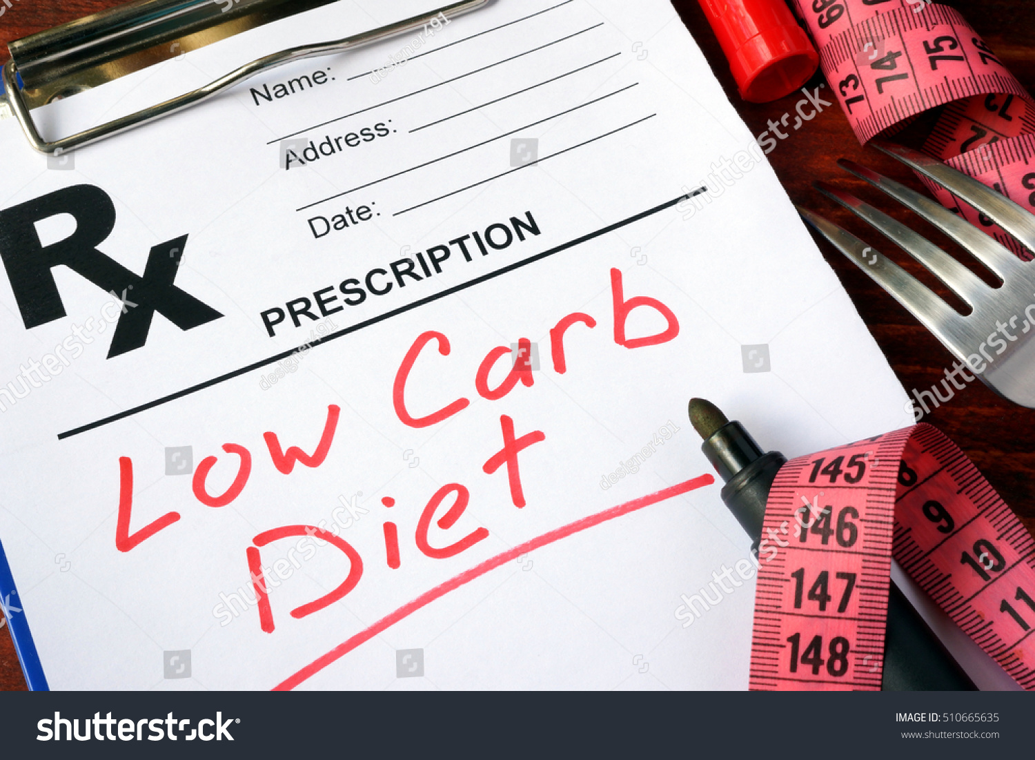 Prescription form with words low carb diet. #510665635