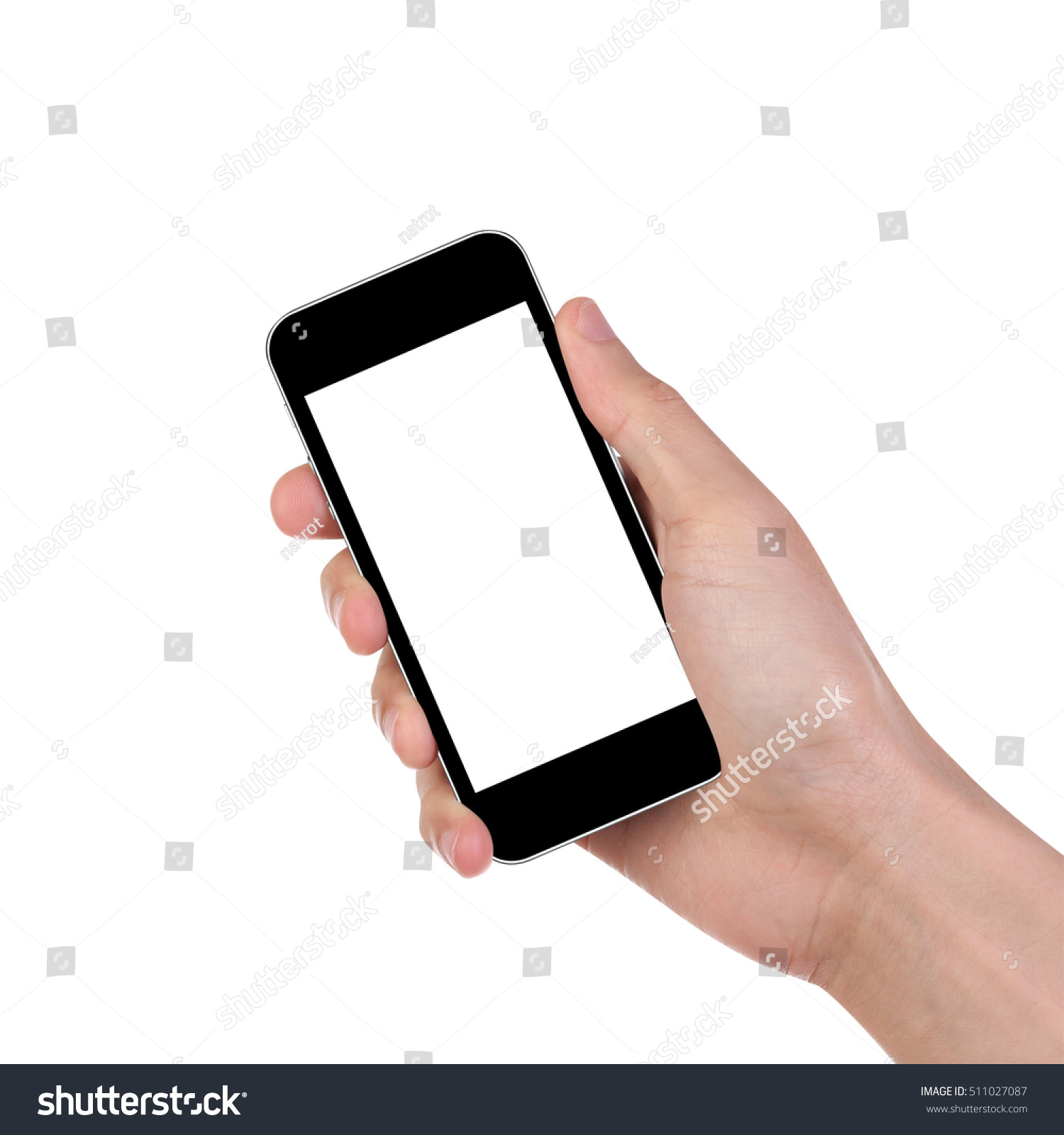 Man hand holding the black smartphone isolated on white background. Clipping path. #511027087